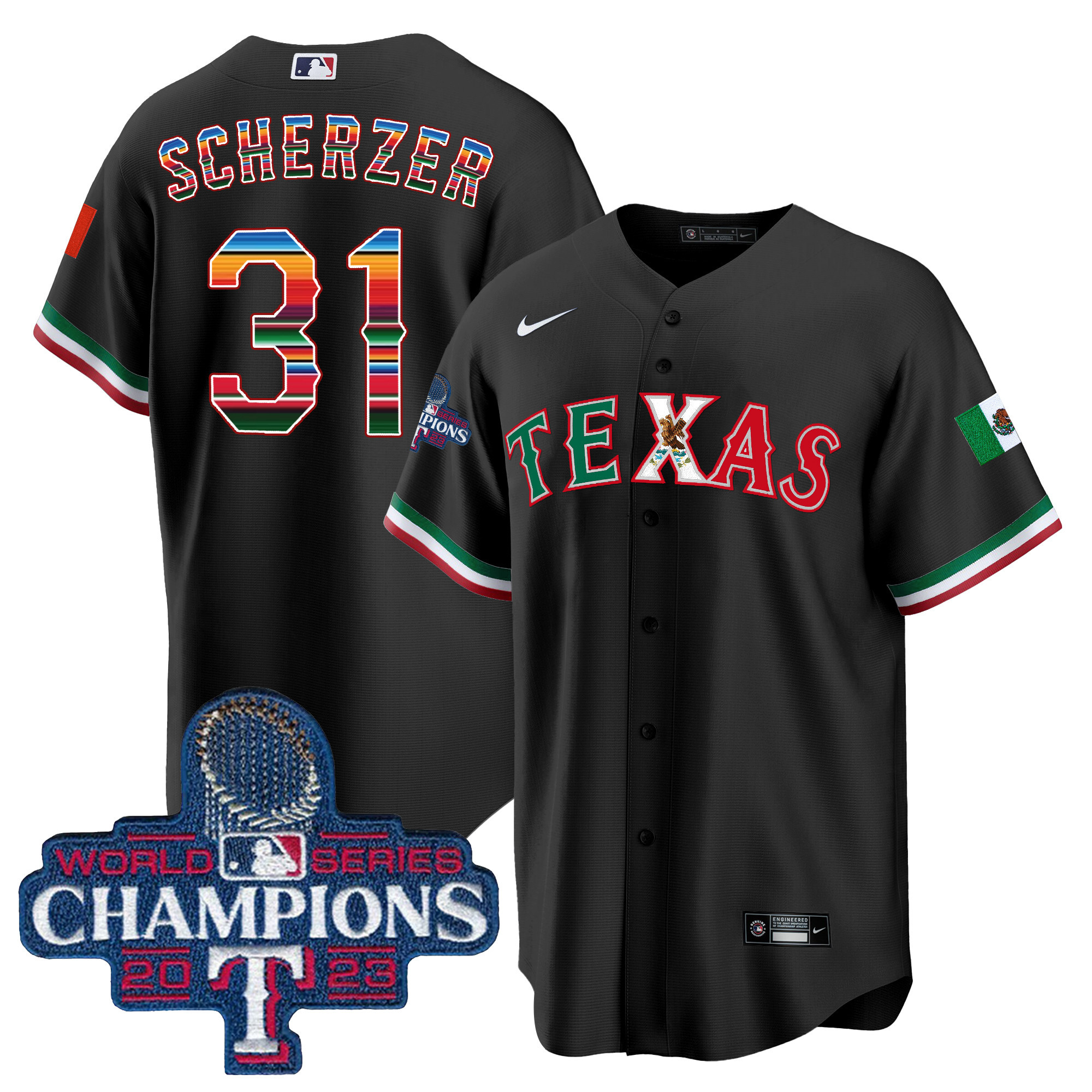 Max Scherzer Men's Texas Rangers Mexico 2023 World Series Champions Baseball V2 Black Jersey - All Stitched