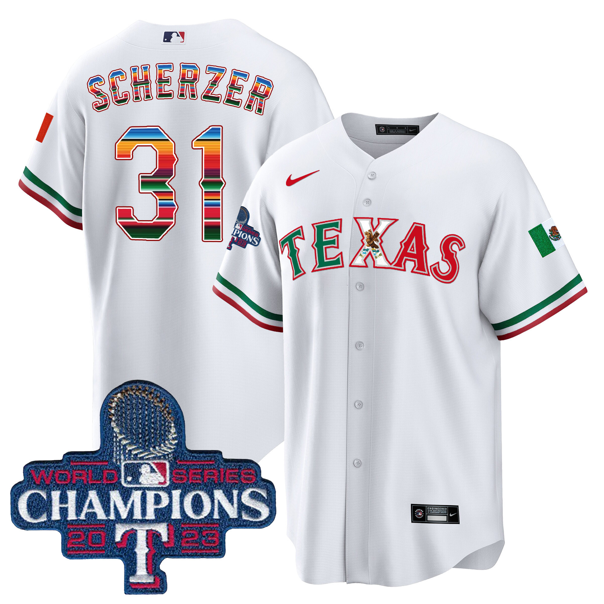 Max Scherzer Men's Texas Rangers Mexico 2023 World Series Champions Baseball V2 White Jersey - All Stitched