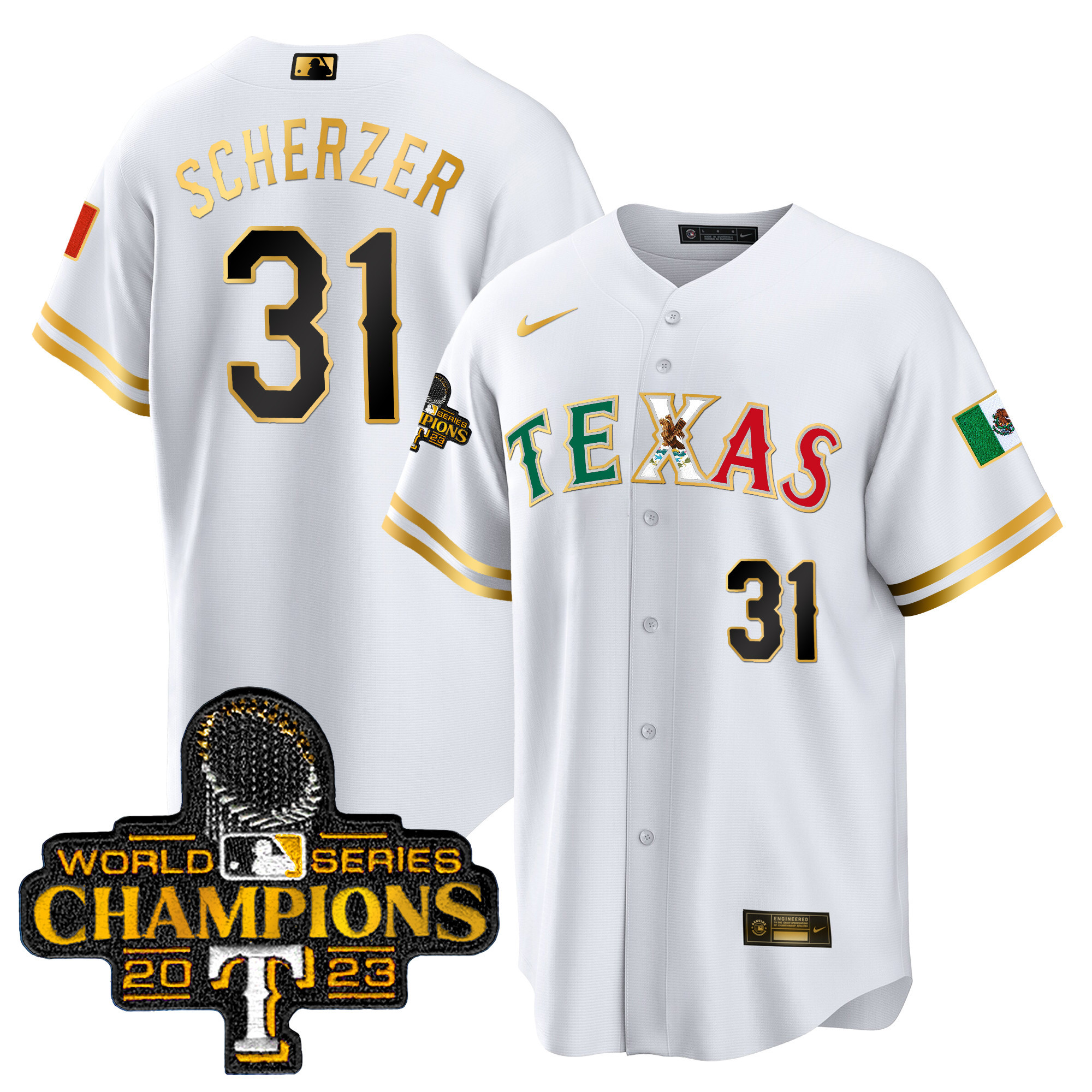 Max Scherzer Men's Texas Rangers Mexico 2023 World Series Champions Baseball White Gold Jersey - All Stitched