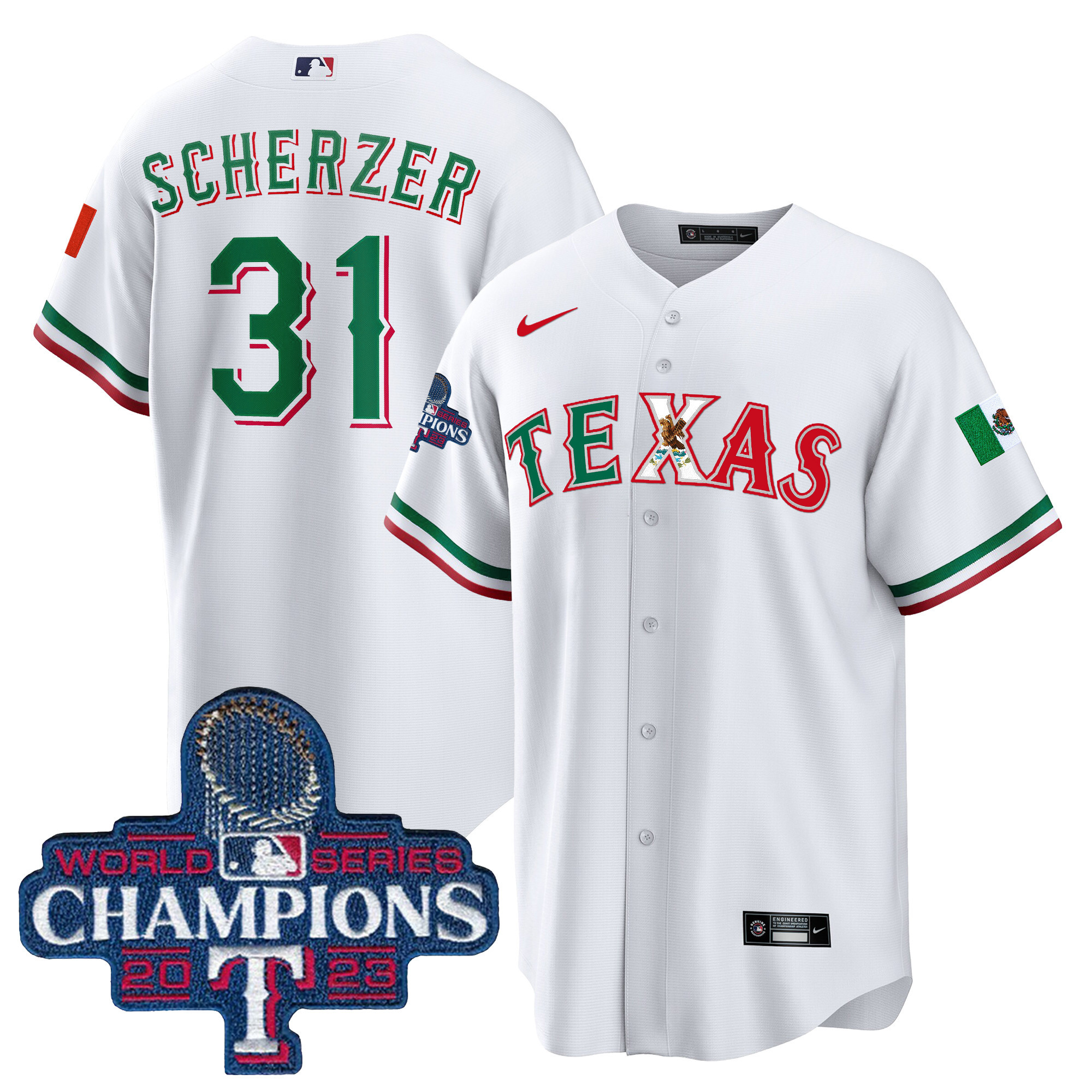 Max Scherzer Men's Texas Rangers Mexico 2023 World Series Champions Baseball White Jersey - All Stitched