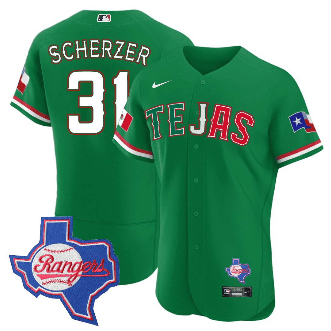 Max Scherzer Men's Texas Rangers Special Mexico Texas State Patch Green Jersey - All Stitched