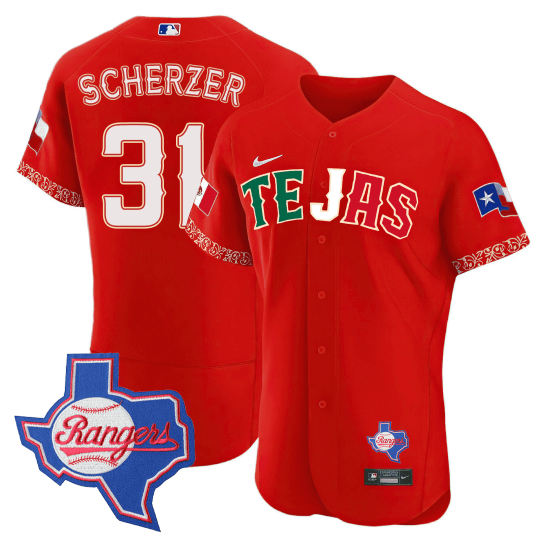 Max Scherzer Men's Texas Rangers Special Mexico Texas State Patch Red Jersey - All Stitched
