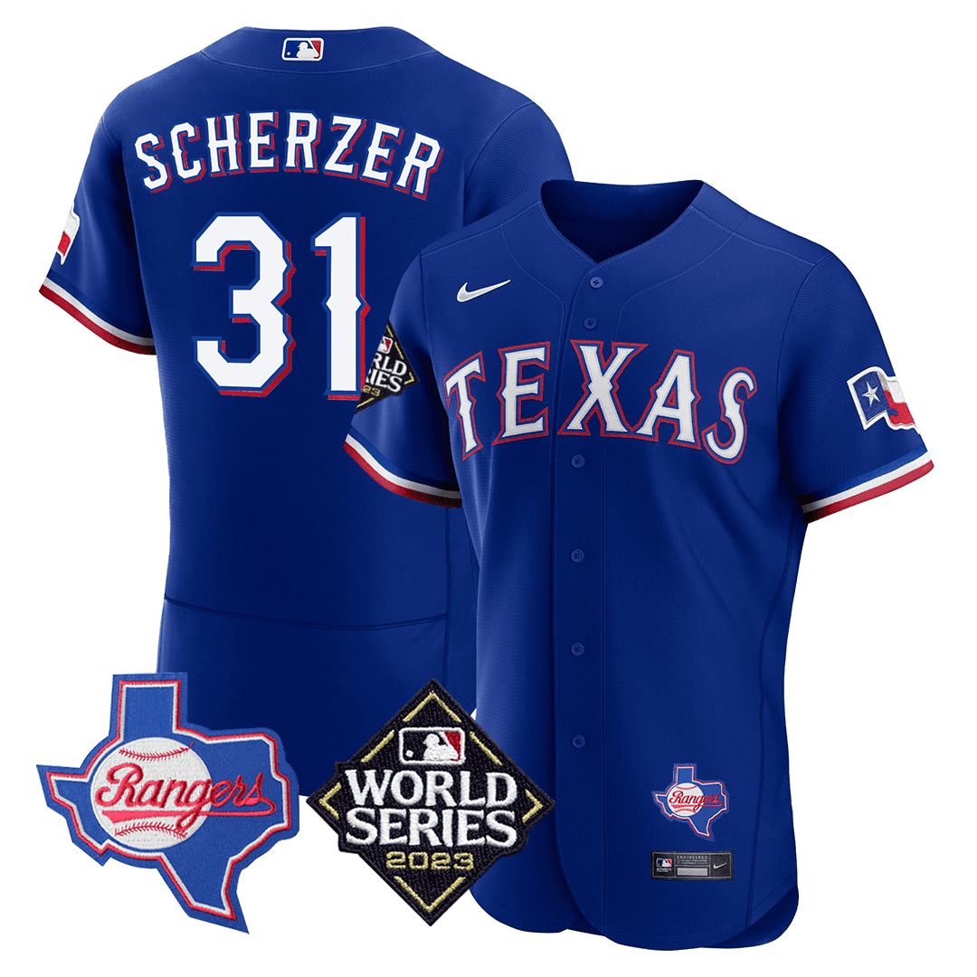 Max Scherzer Men's Texas Rangers Texas State & 2023 World Series Patch Blue Jersey - All Stitched