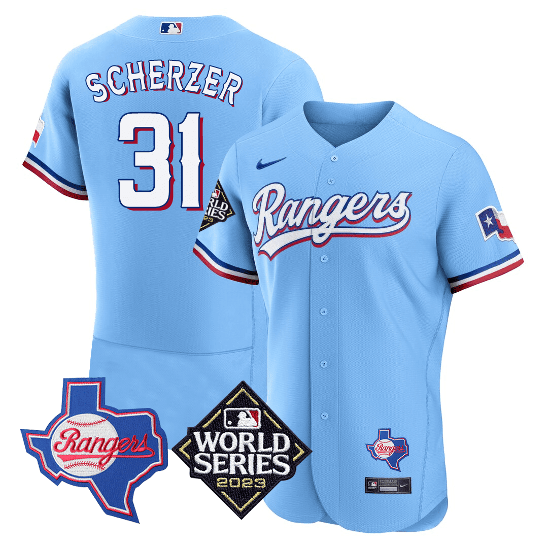 Max Scherzer Men's Texas Rangers Texas State & 2023 World Series Patch Light Blue Jersey - All Stitched