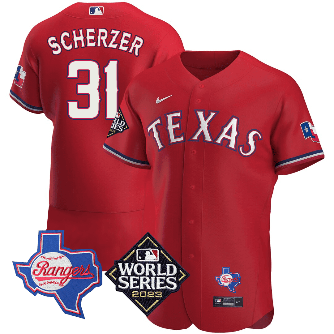 Max Scherzer Men's Texas Rangers Texas State & 2023 World Series Patch Red Jersey - All Stitched