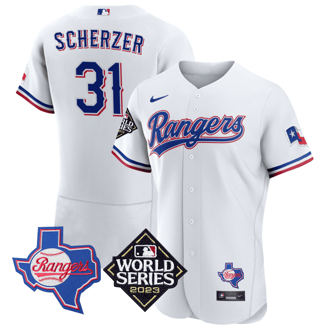 Max Scherzer Men's Texas Rangers Texas State & 2023 World Series Patch White Jersey - All Stitched