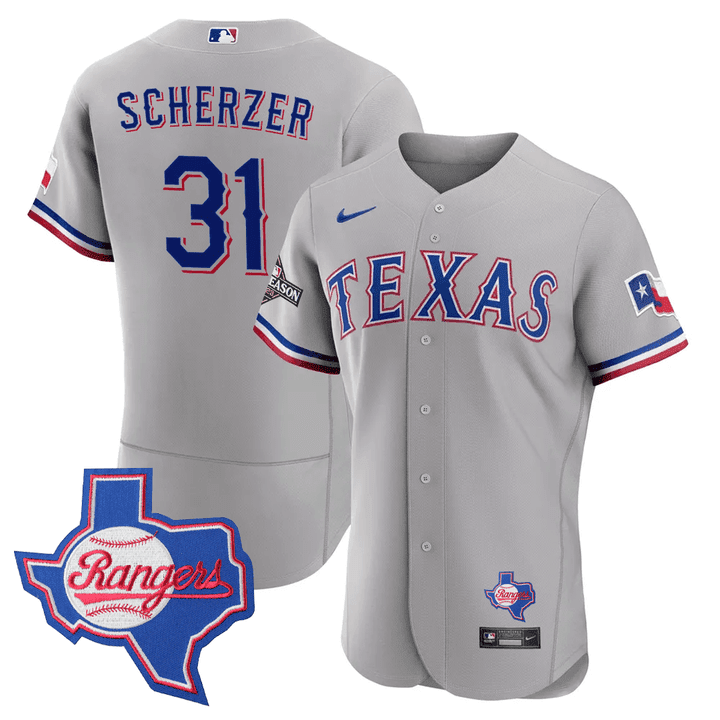Max Scherzer Men's Texas Rangers Texas State Patch Gray Jersey - All Stitched