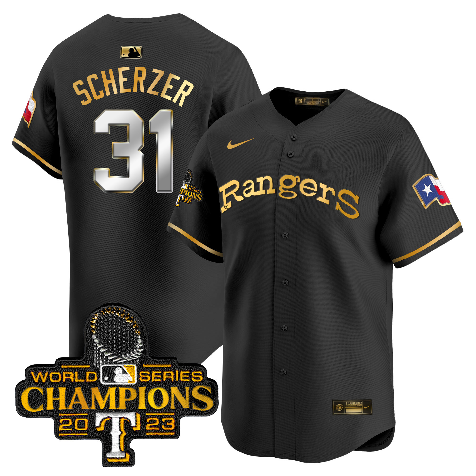 Max Scherzer Men's Texas Rangers Throwback 1972 Vapor Premier Limited Black Gold Jersey - All Stitched