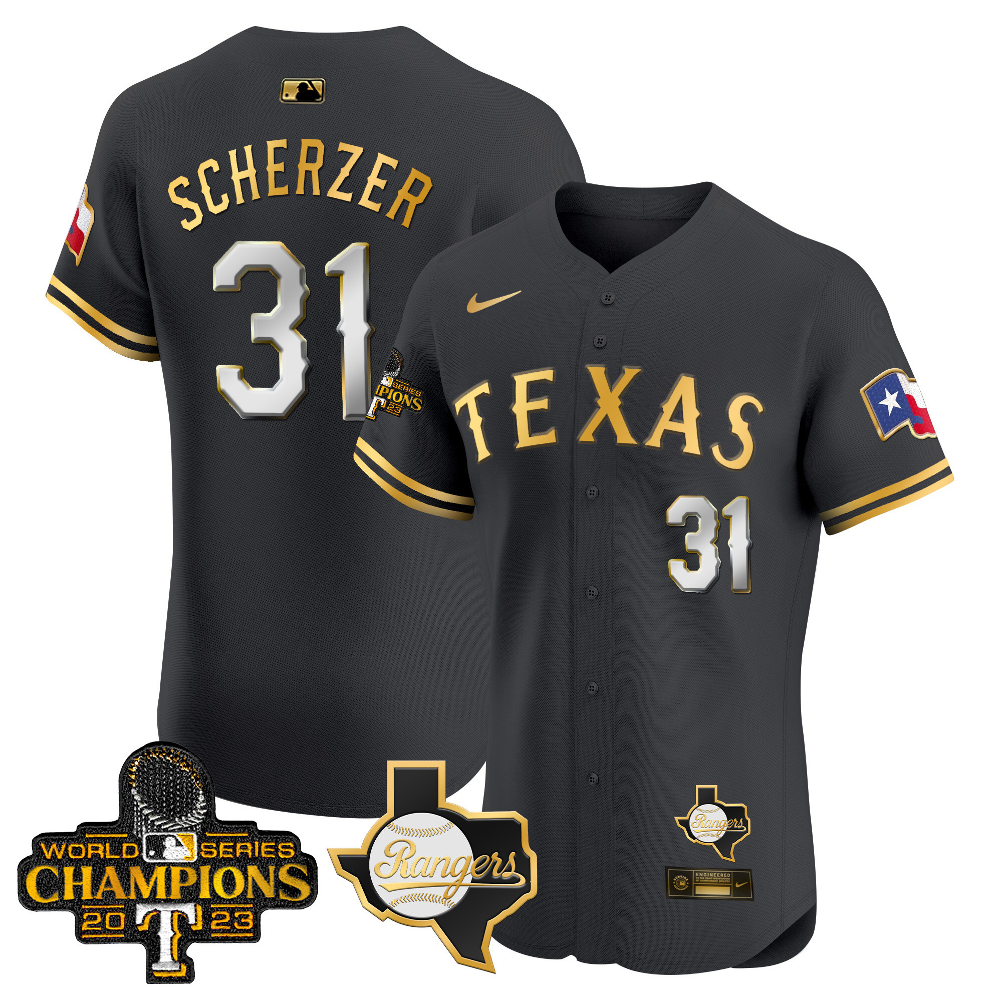 Max Scherzer Men's Texas Rangers World Series Champions Vapor Premier Elite V2 Black Gold Jersey - All Stitched