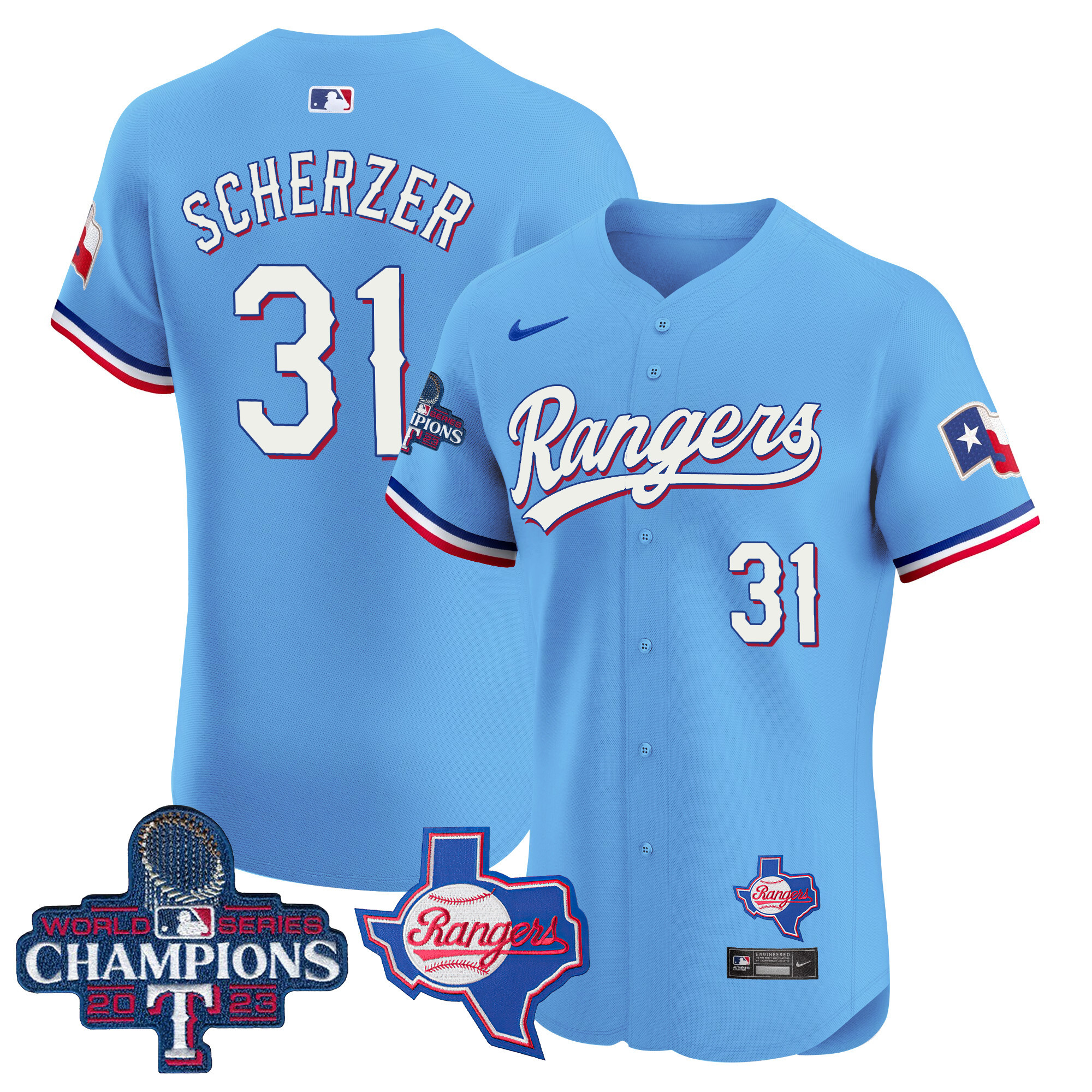 Max Scherzer Men's Texas Rangers World Series Champions Vapor Premier Elite V2 Blue Jersey - All Stitched