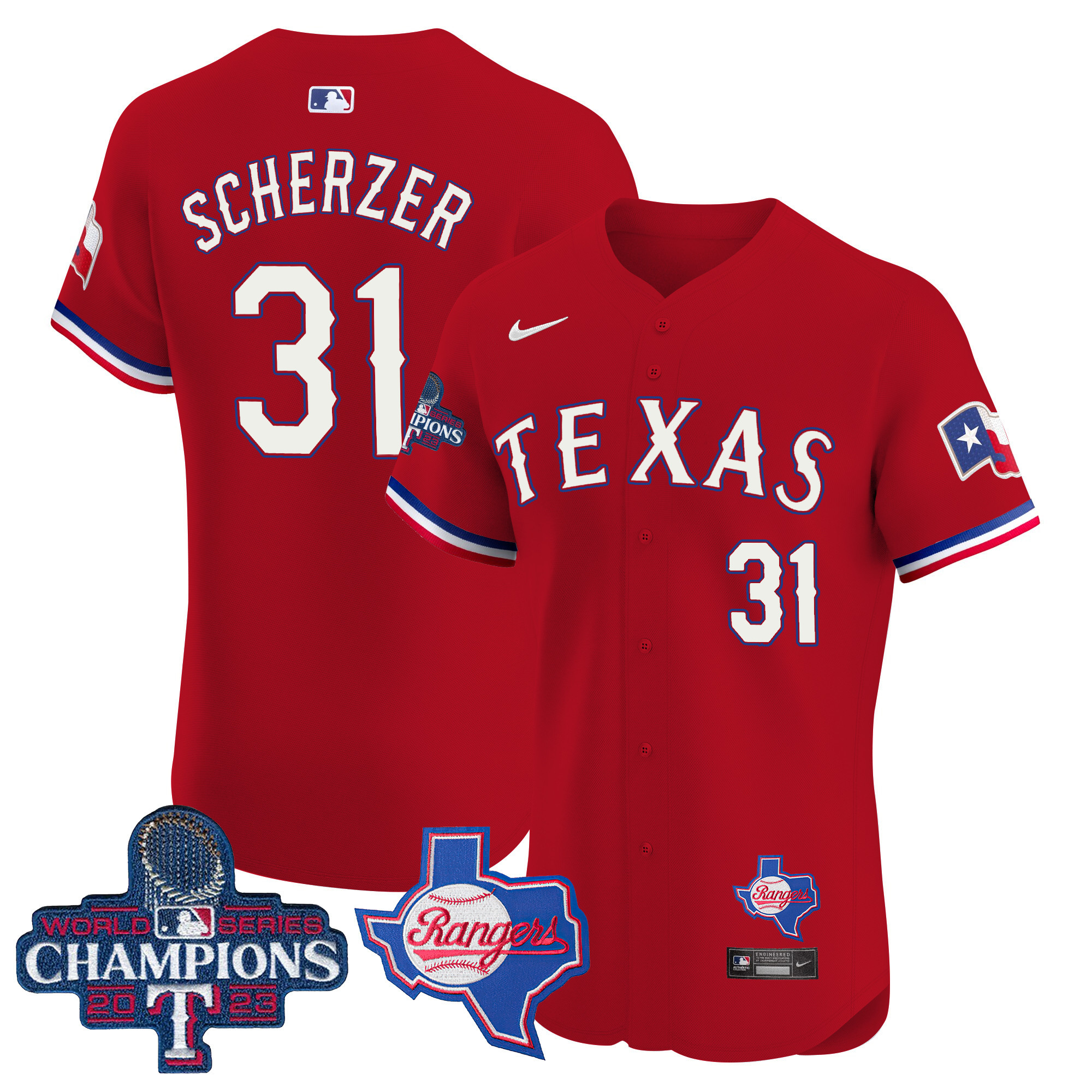 Max Scherzer Men's Texas Rangers World Series Champions Vapor Premier Elite V2 Red Jersey - All Stitched - Image 1
