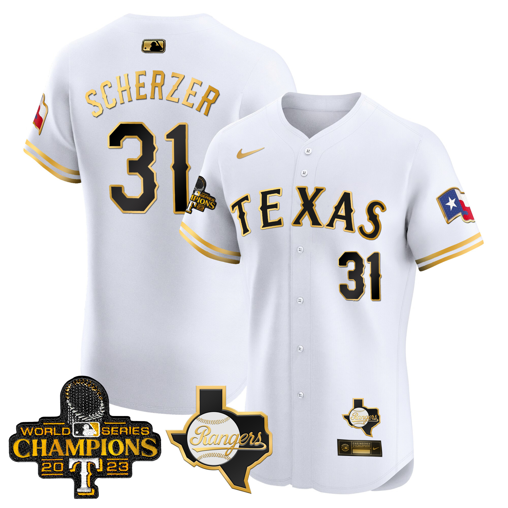 Max Scherzer Men's Texas Rangers World Series Champions Vapor Premier Elite V2 White Gold Jersey - All Stitched