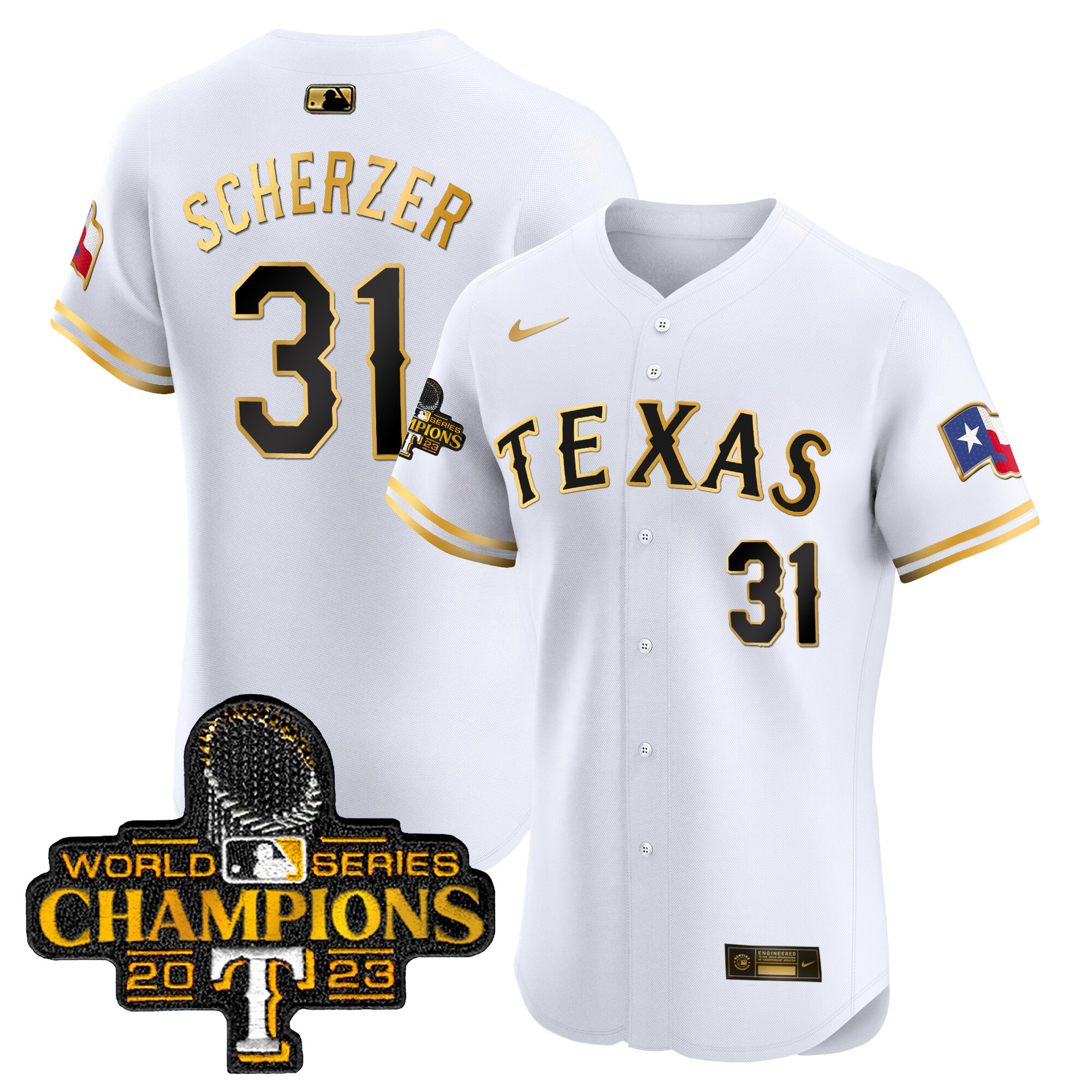 Max Scherzer Men's Texas Rangers World Series Champions Vapor Premier Elite White Gold Jersey - All Stitched