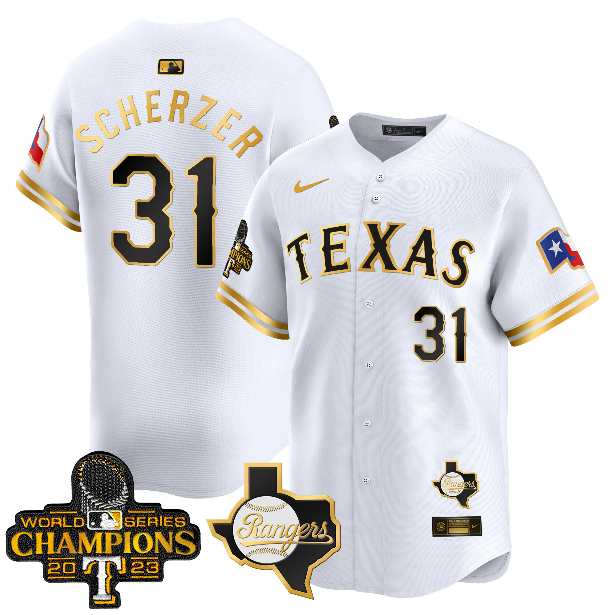Max Scherzer Men's Texas Rangers World Series Champions Vapor Premier Limited V2 White Gold Jersey - All Stitched