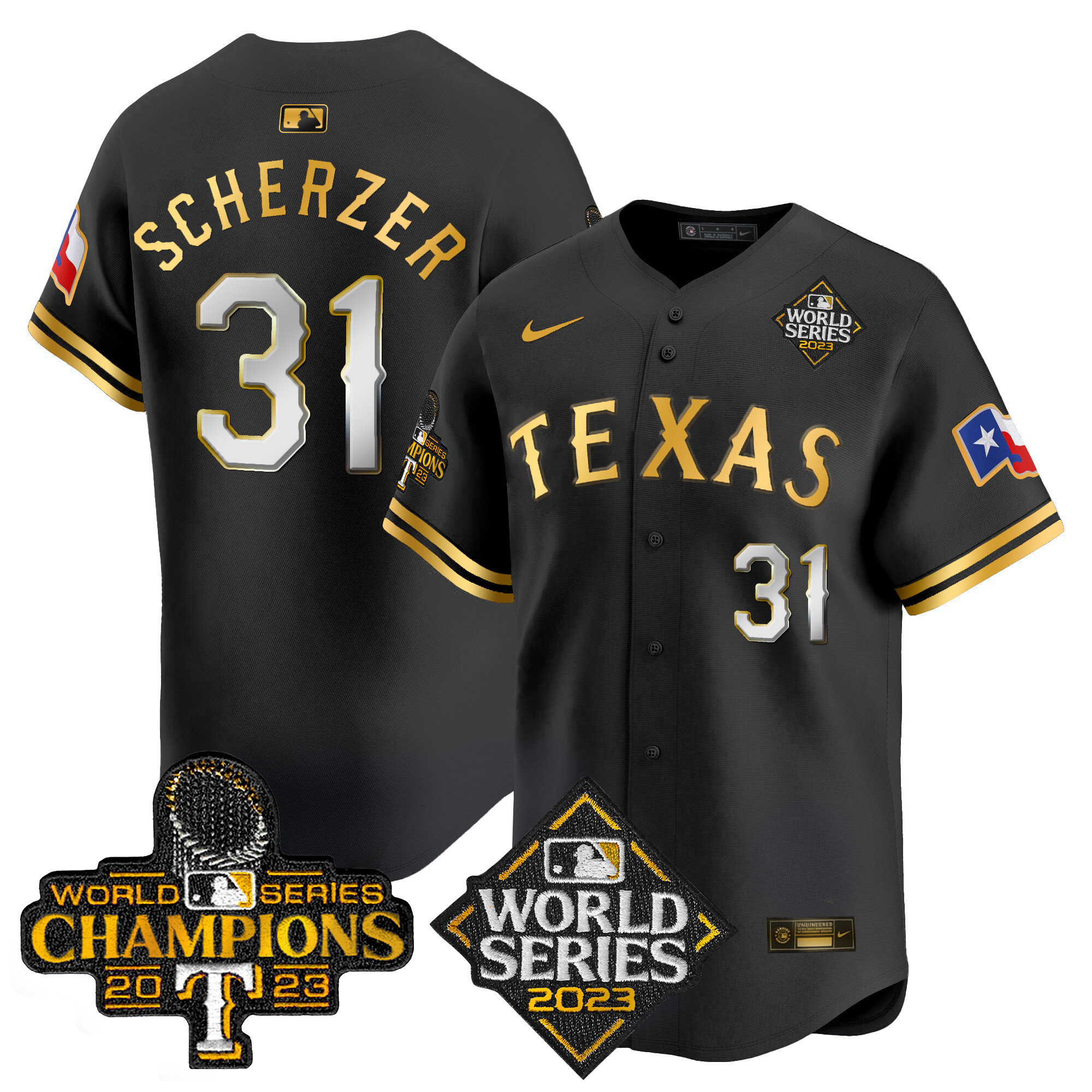 Max Scherzer Men's Texas Rangers World Series Champions Vapor Premier Limited V4 Black Gold Jersey - All Stitched