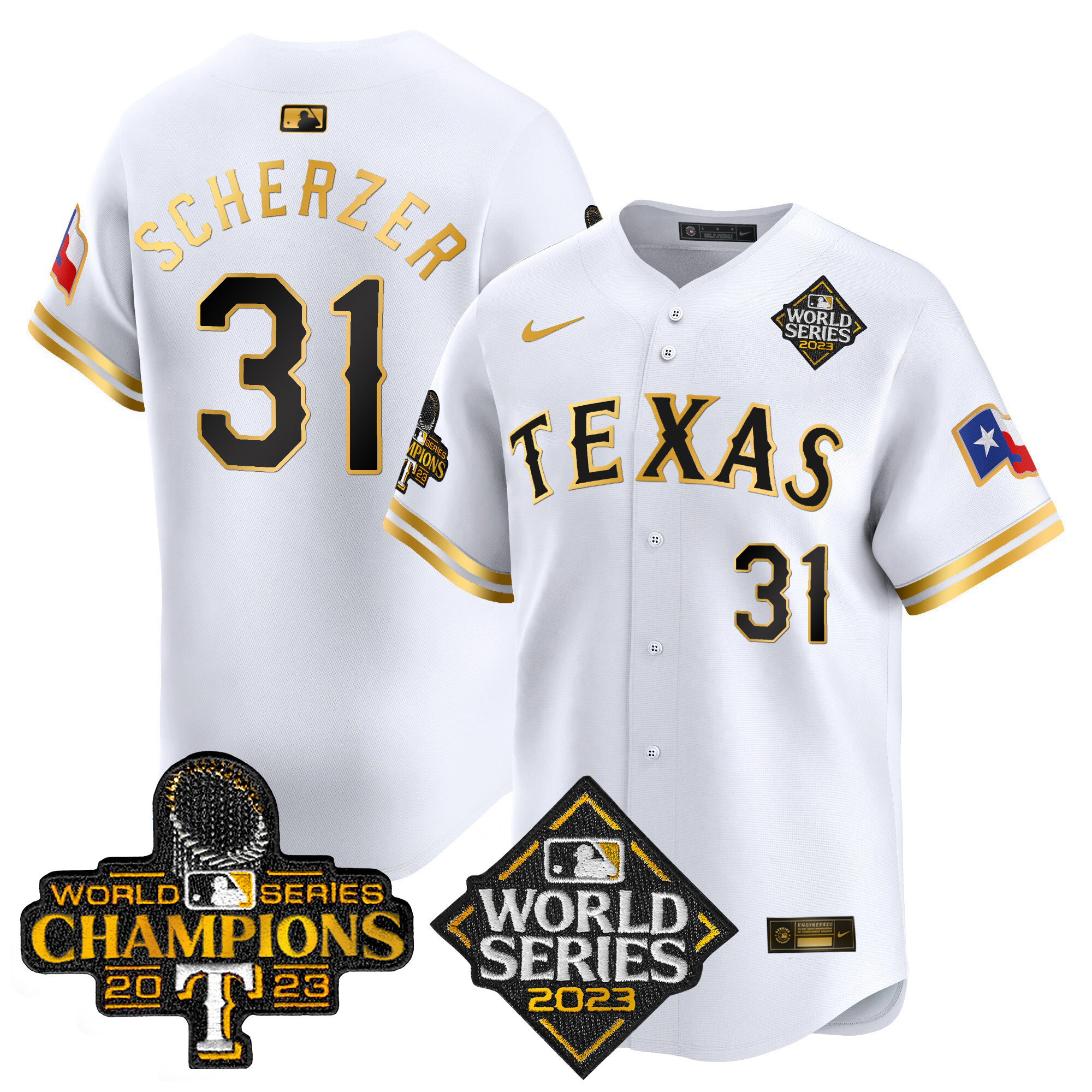 Max Scherzer Men's Texas Rangers World Series Champions Vapor Premier Limited V4 White Gold Jersey - All Stitched