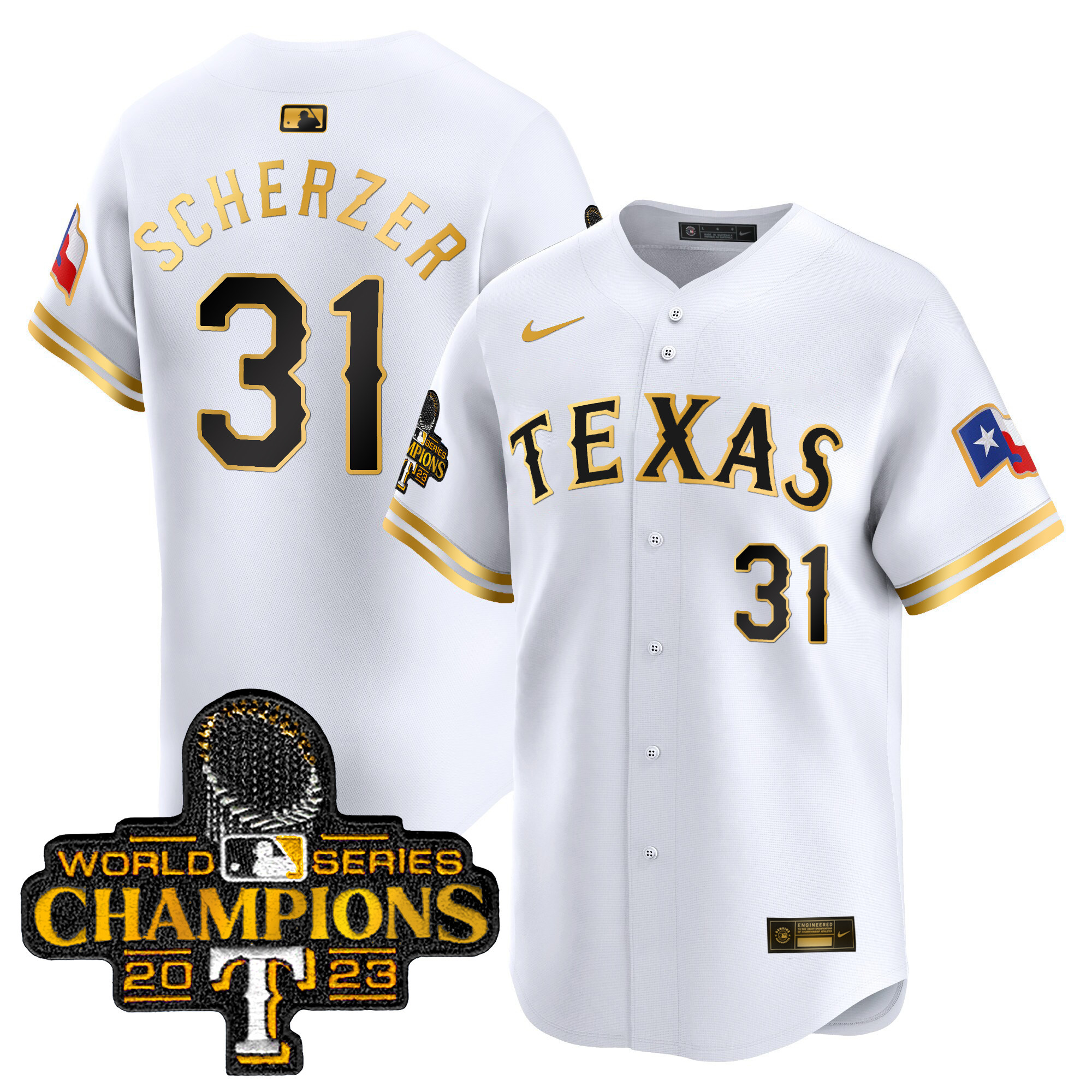 Max Scherzer Men's Texas Rangers World Series Champions Vapor Premier Limited White Gold Jersey - All Stitched