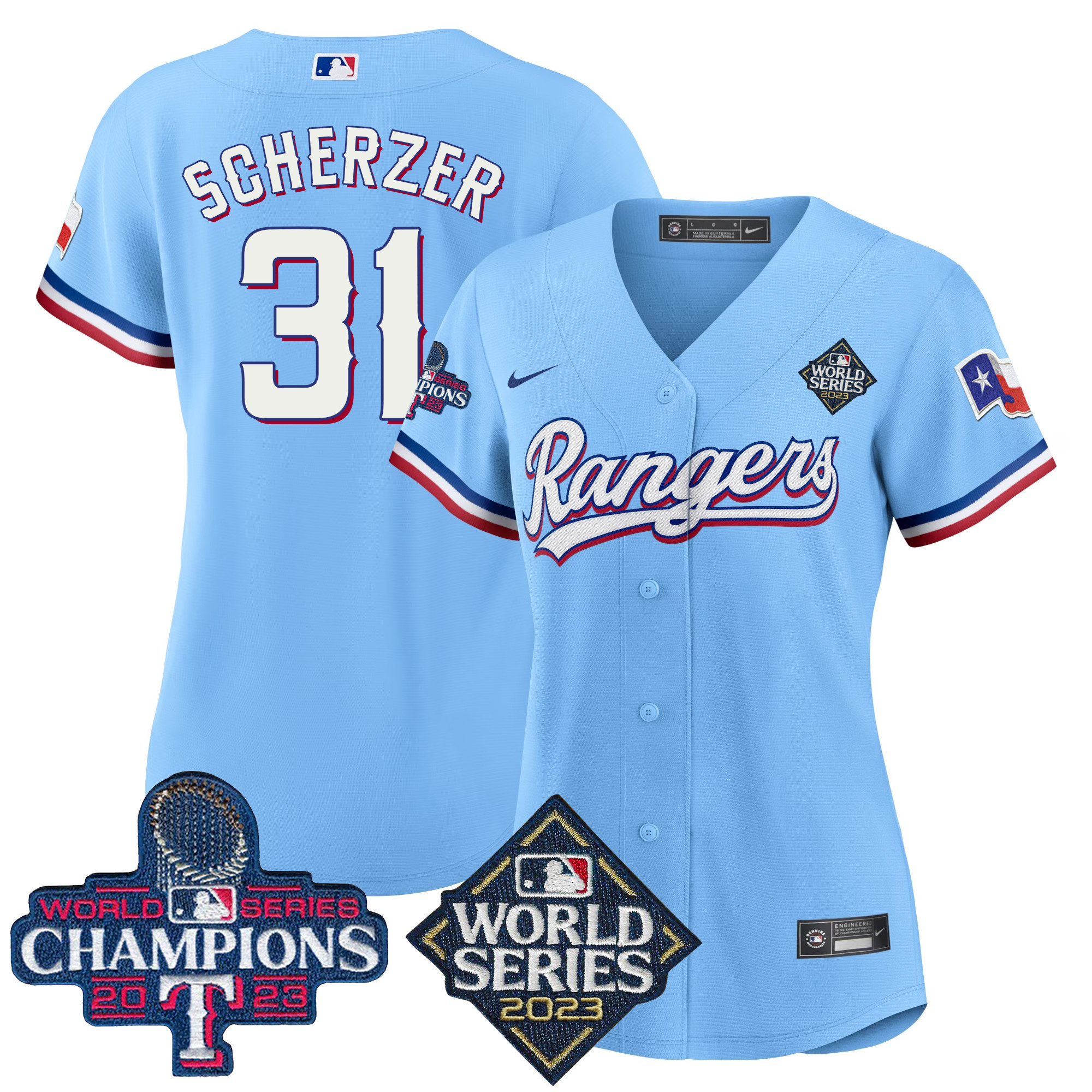 Max Scherzer Women's Texas Rangers 2023 World Series Champions Baseball V4 Blue Jersey - All Stitched