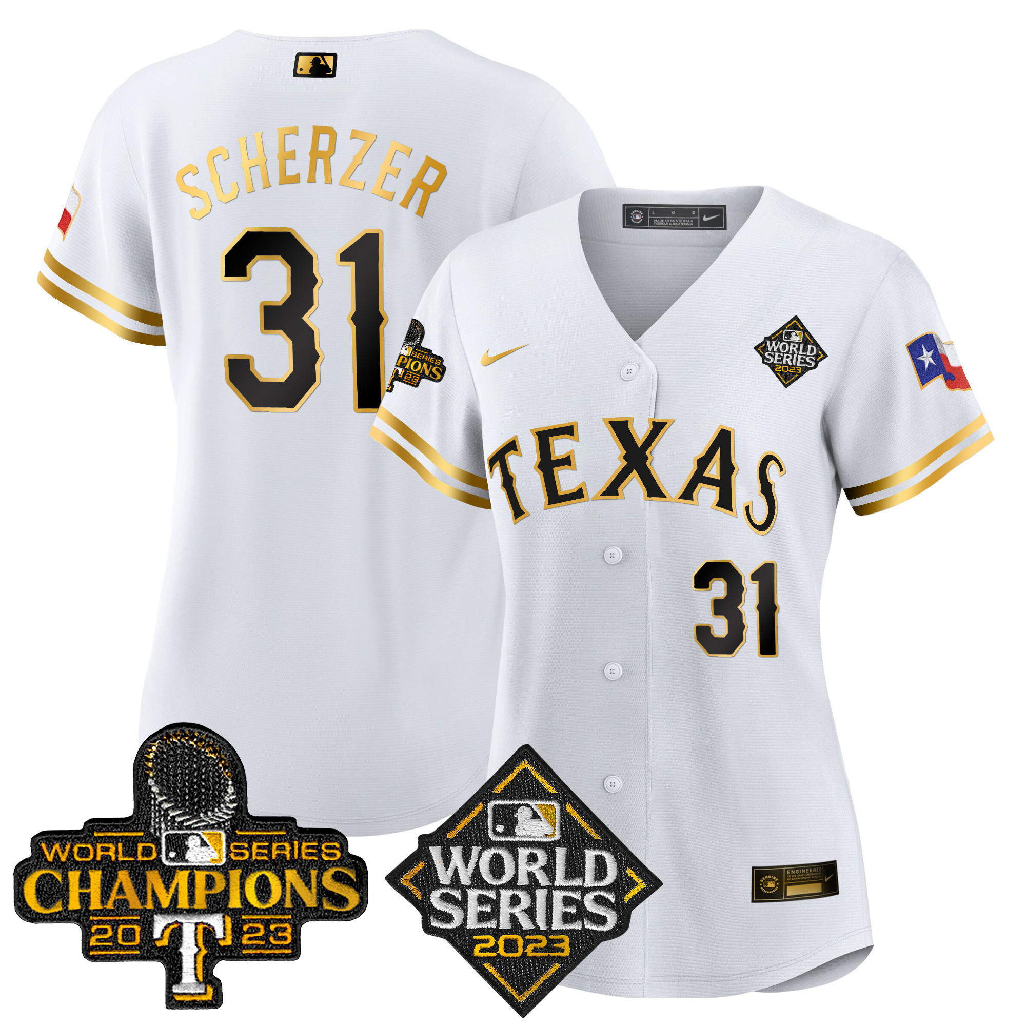 Max Scherzer Women's Texas Rangers 2023 World Series Champions Baseball V4 White Gold Jersey - All Stitched