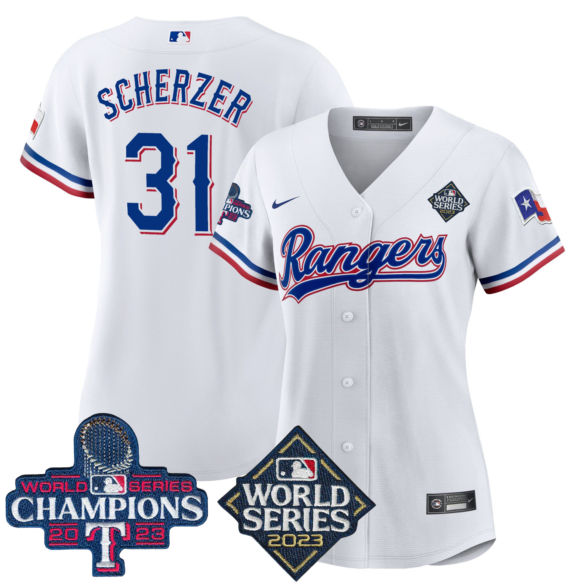 Max Scherzer Women's Texas Rangers 2023 World Series Champions Baseball V4 White Jersey - All Stitched