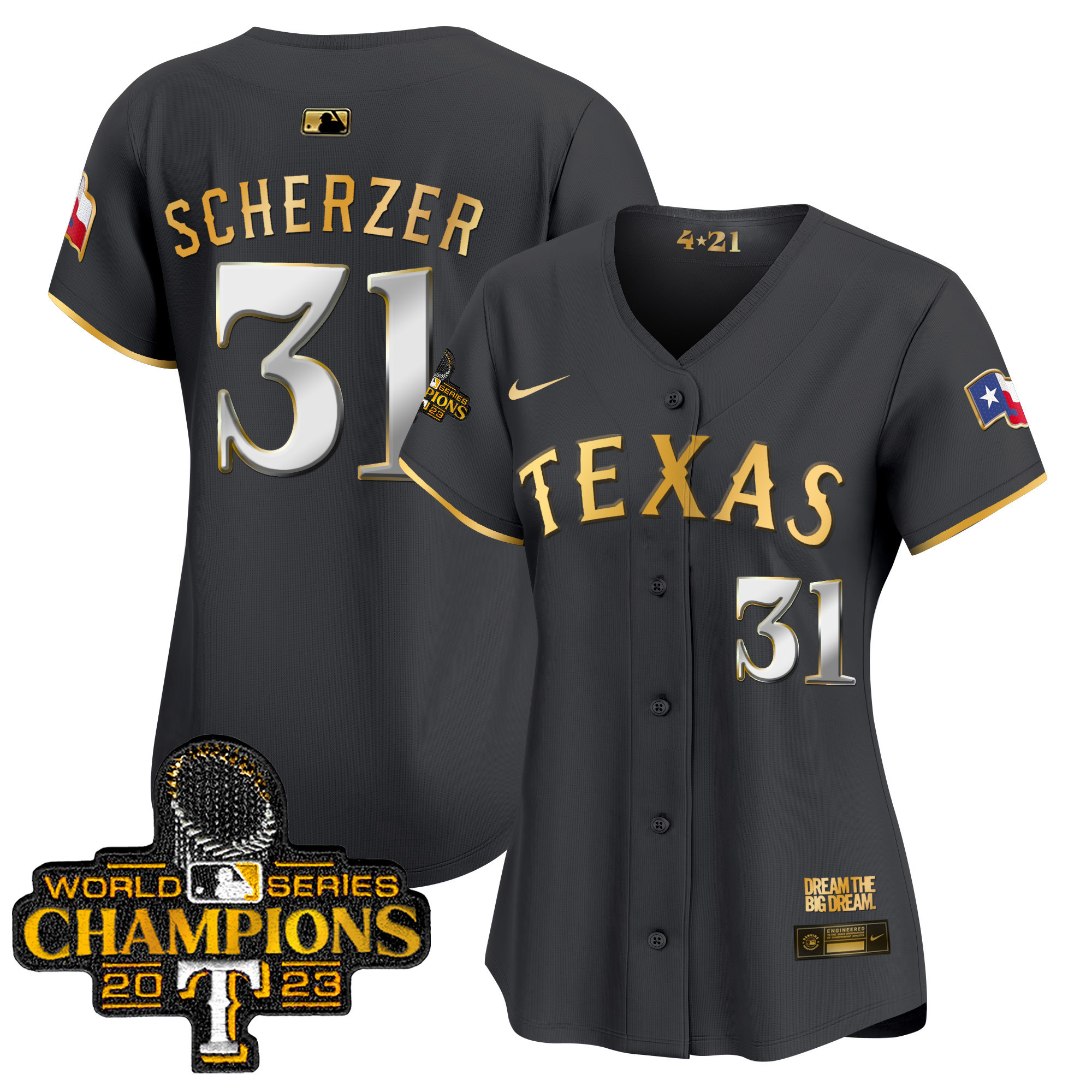 Max Scherzer Women's Texas Rangers 2023 World Series Champions City Connect Vapor Premier Limited Black Gold Jersey - All Stitched