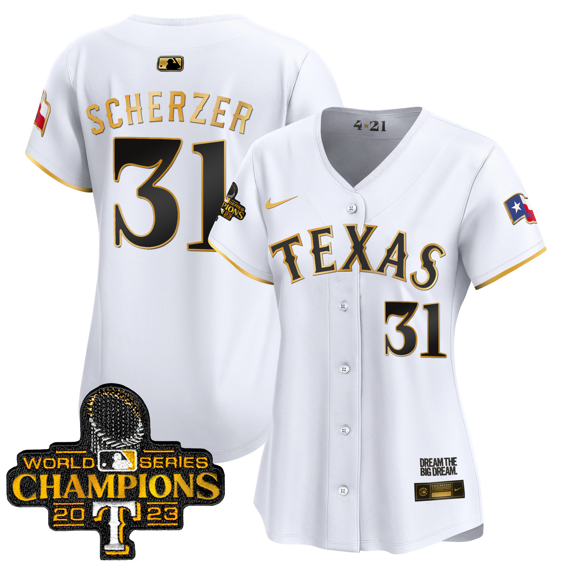Max Scherzer Women's Texas Rangers 2023 World Series Champions City Connect Vapor Premier Limited White Gold Jersey - All Stitched