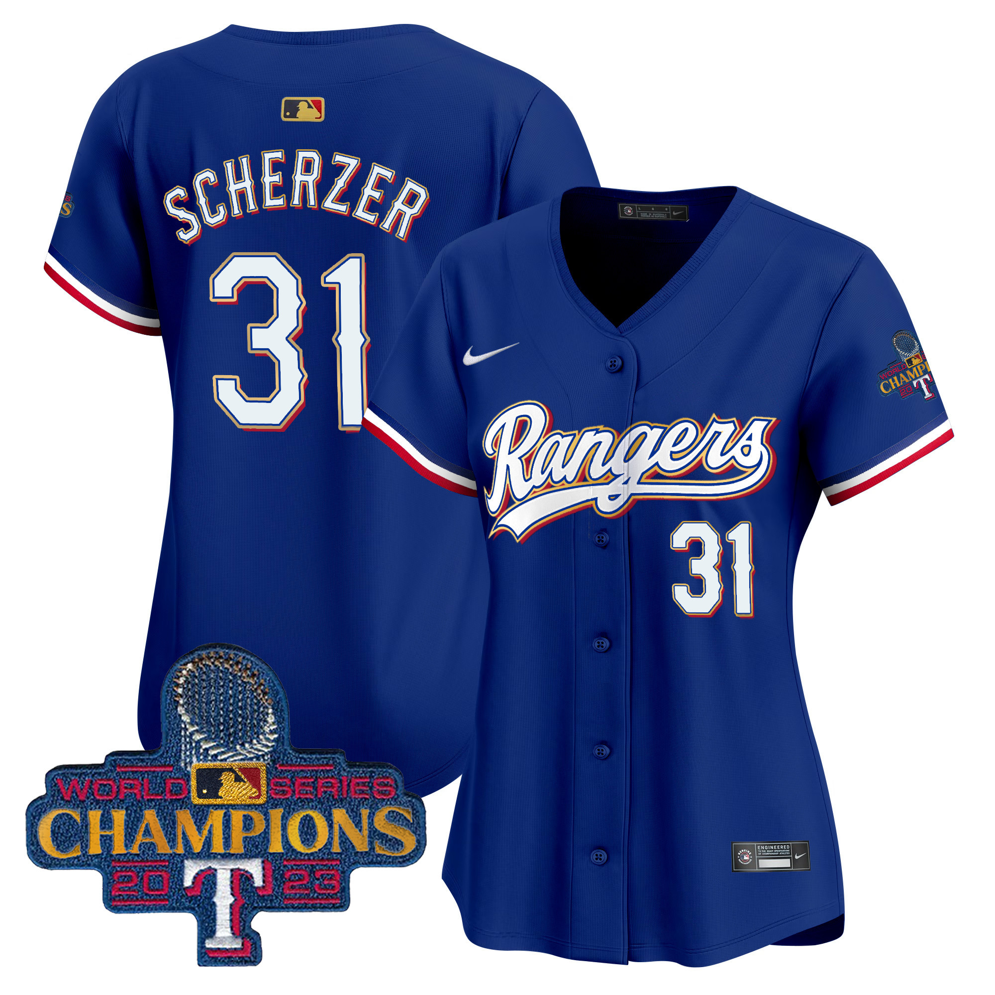 Max Scherzer Women's Texas Rangers 2023 World Series Champions Gold Trim Vapor Premier Limited Royal Jersey - All Stitched