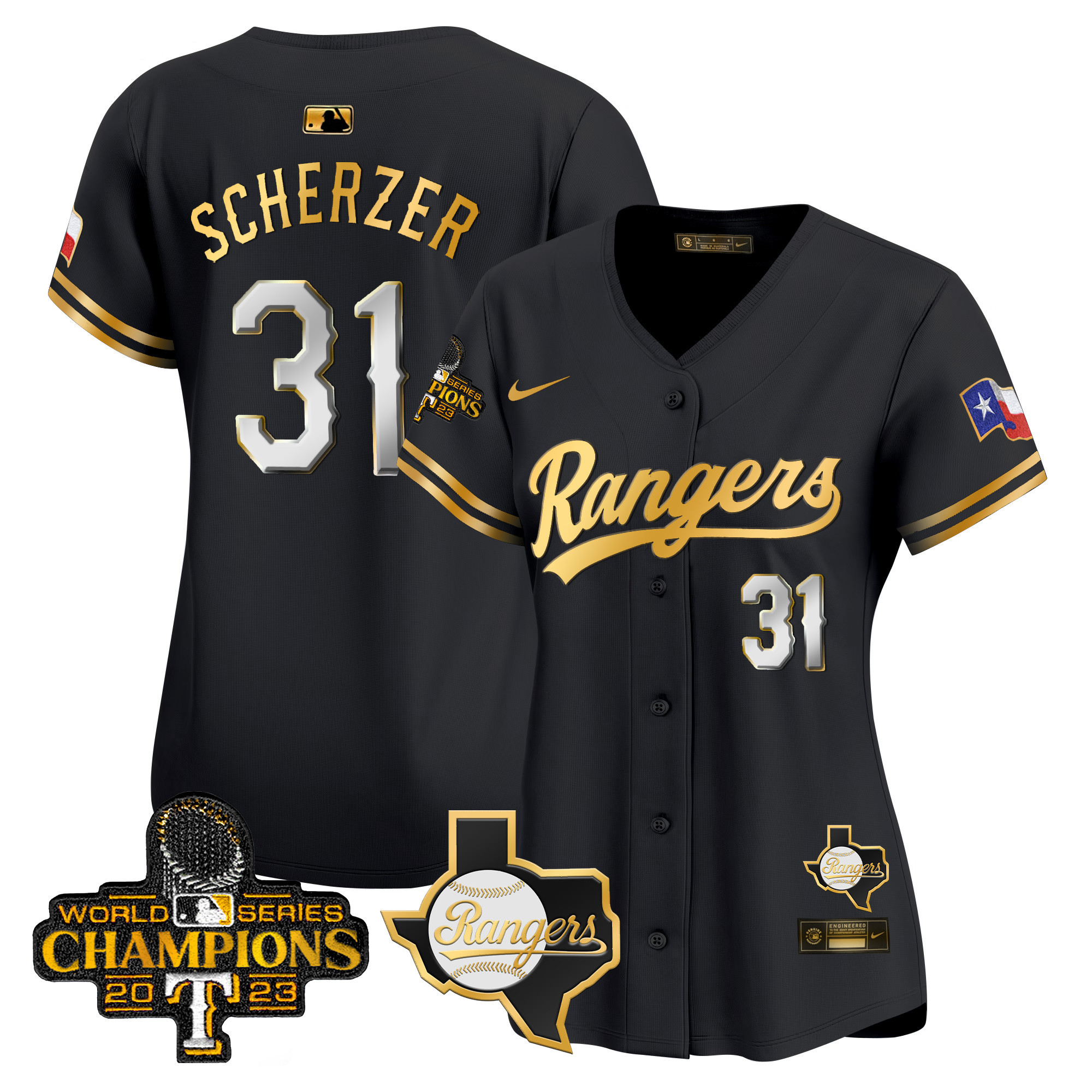 Max Scherzer Women's Texas Rangers 2023 World Series Champions Gold Trim Vapor Premier Limited V2 Black Gold Jersey - All Stitched