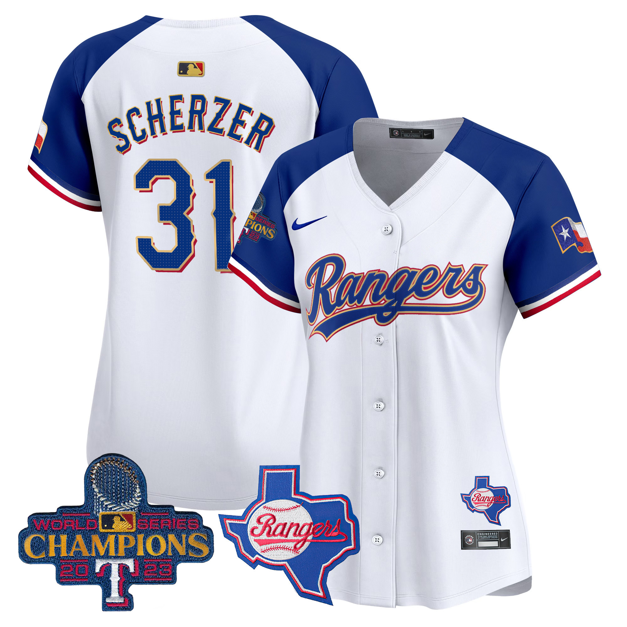 Max Scherzer Women's Texas Rangers 2023 World Series Champions Gold Trim Vapor Premier Limited V2 White Alternate Jersey - All Stitched
