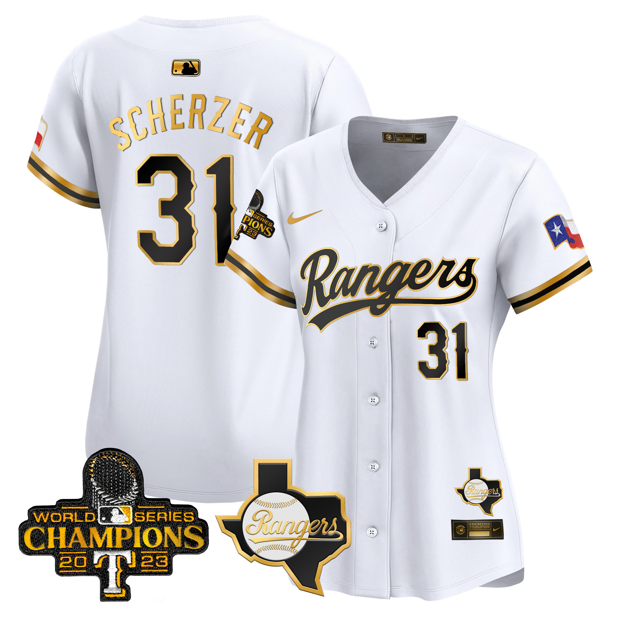 Max Scherzer Women's Texas Rangers 2023 World Series Champions Gold Trim Vapor Premier Limited V2 White Gold Jersey - All Stitched