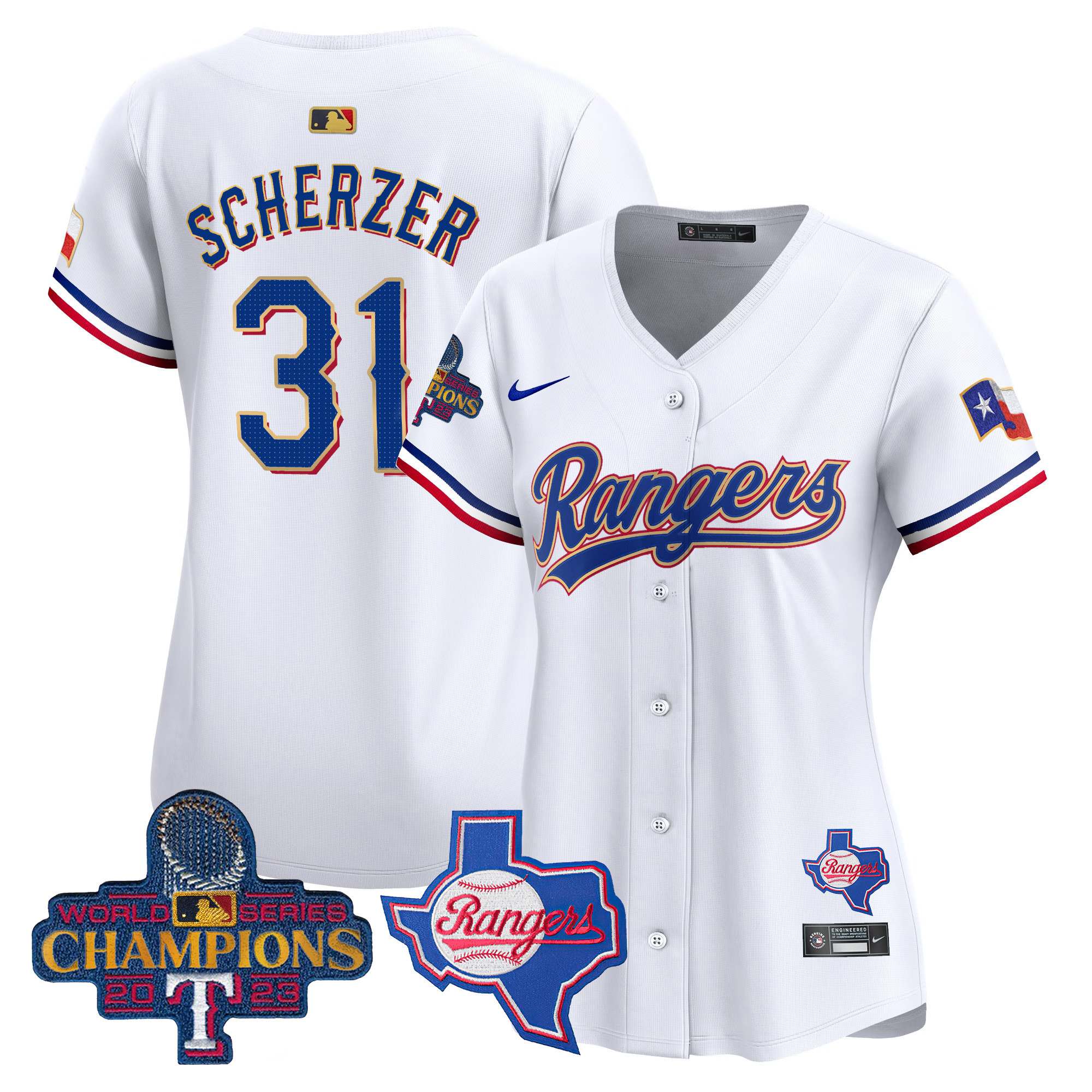 Max Scherzer Women's Texas Rangers 2023 World Series Champions Gold Trim Vapor Premier Limited V2 White Jersey - All Stitched