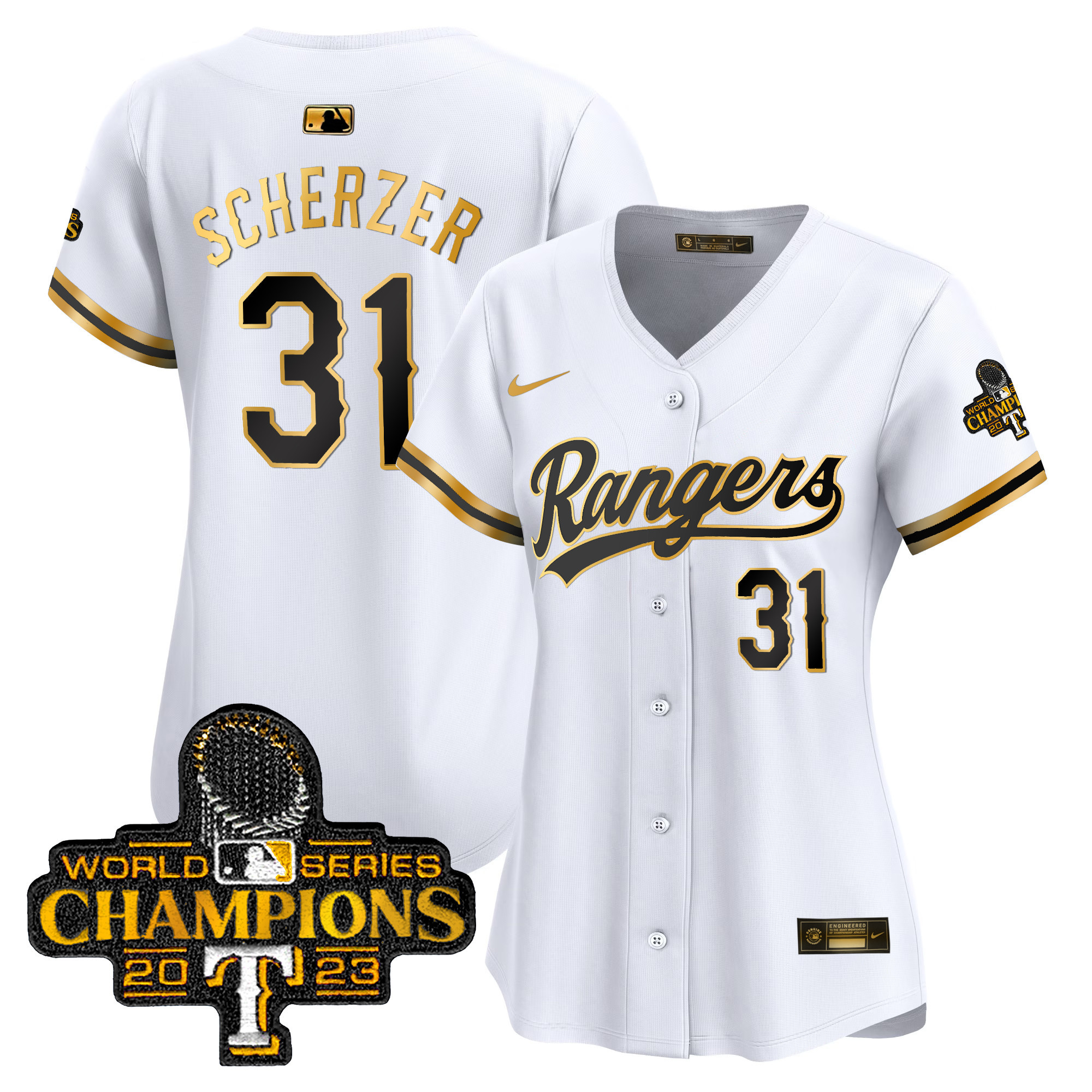 Max Scherzer Women's Texas Rangers 2023 World Series Champions Gold Trim Vapor Premier Limited White Gold Jersey - All Stitched