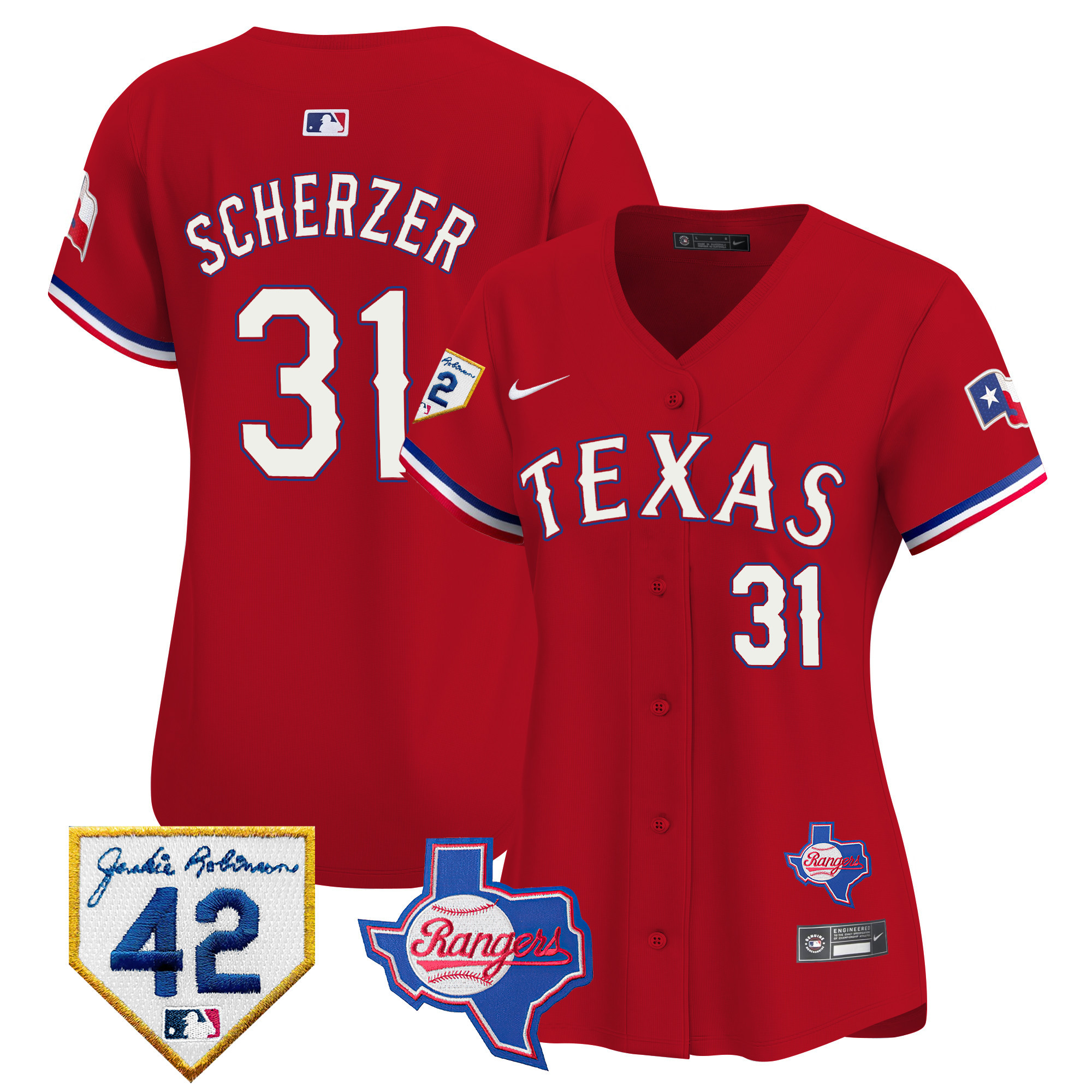 Max Scherzer Women's Texas Rangers 2024 Jackie Robinson Patch Vapor Premier Limited Red Jersey - All Stitched