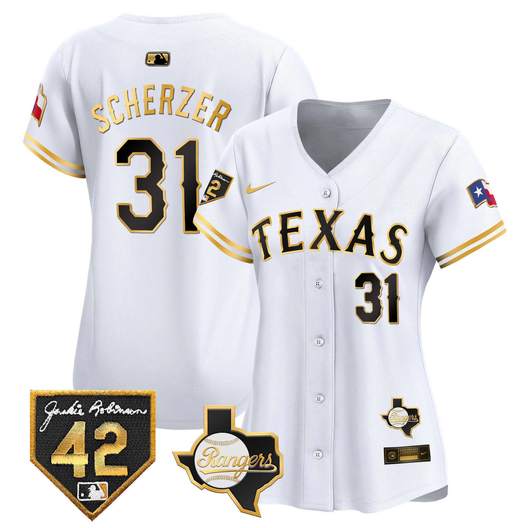 Max Scherzer Women's Texas Rangers 2024 Jackie Robinson Patch Vapor Premier Limited White Gold Jersey - All Stitched