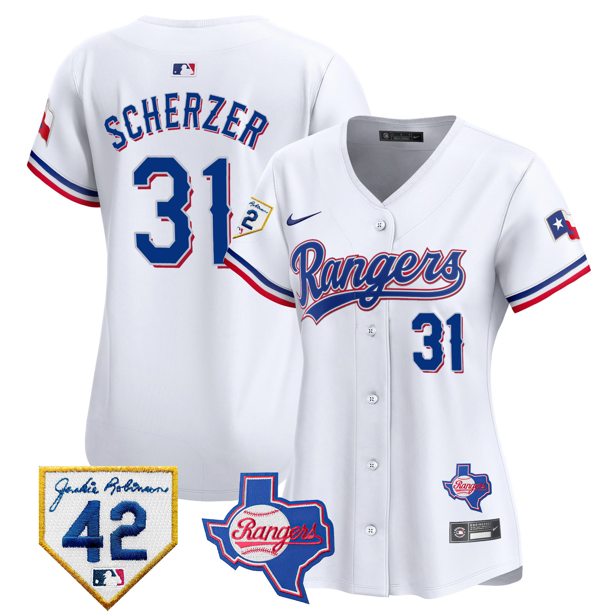 Max Scherzer Women's Texas Rangers 2024 Jackie Robinson Patch Vapor Premier Limited White Jersey - All Stitched