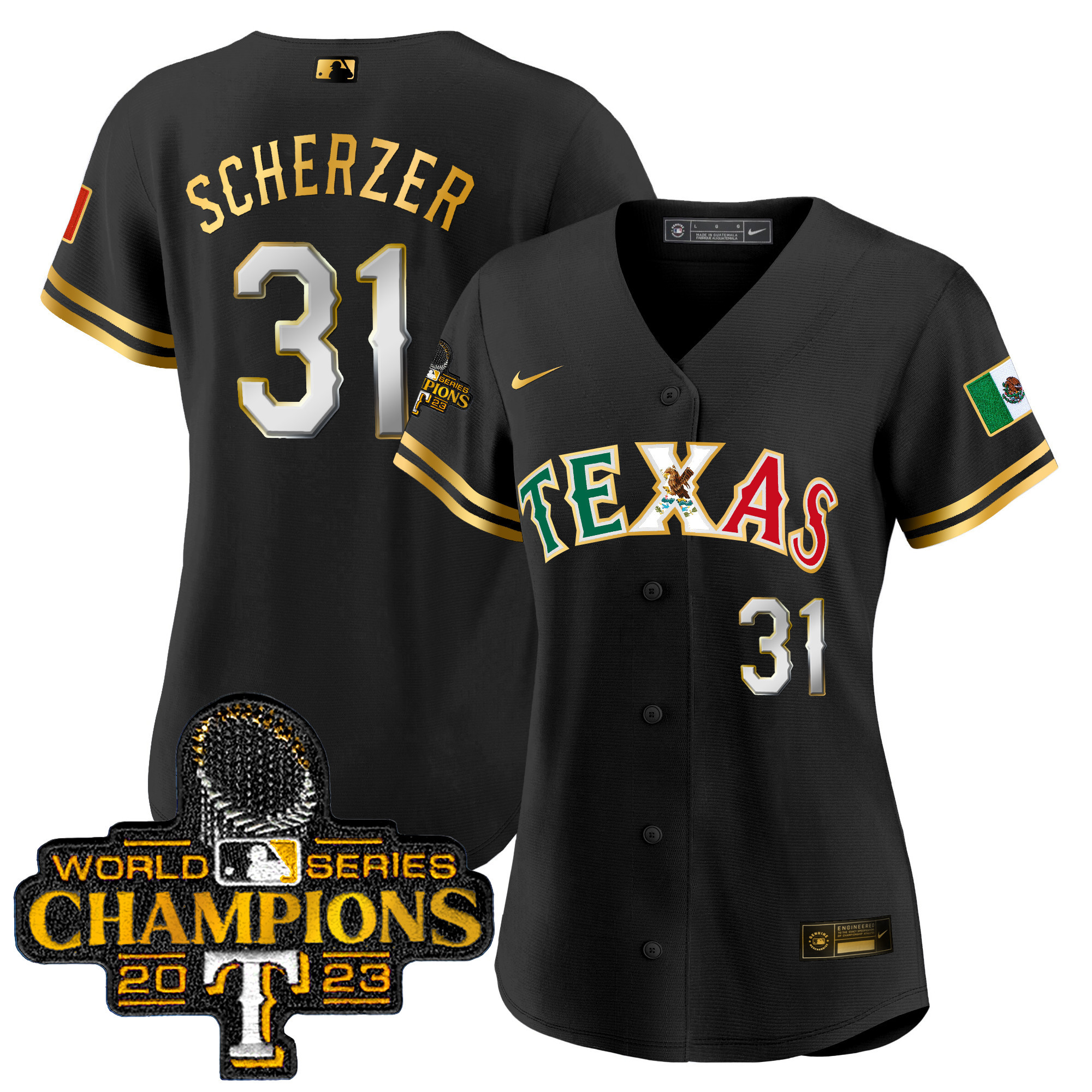 Max Scherzer Women's Texas Rangers Mexico 2023 World Series Champions Baseball Black Gold Jersey - All Stitched
