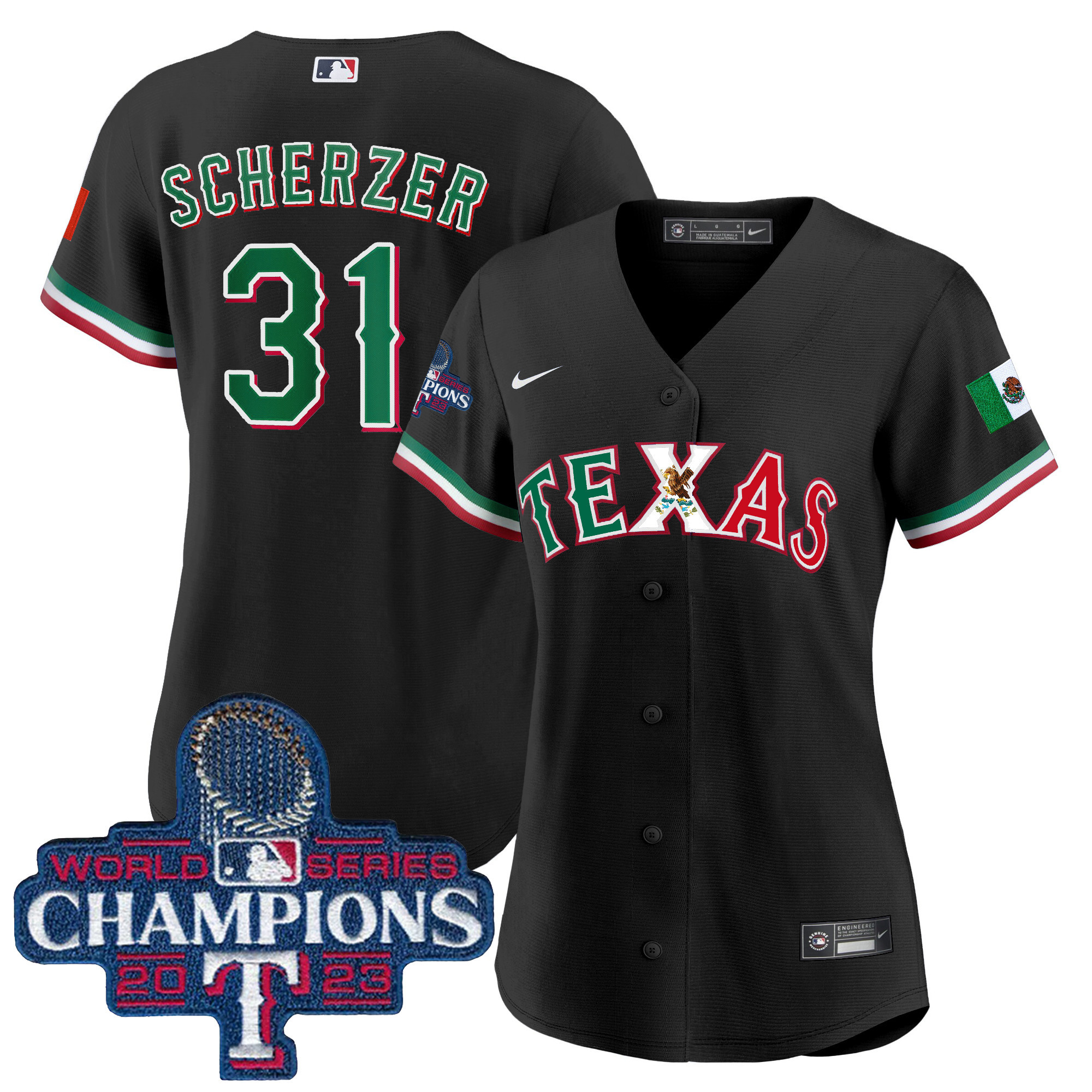 Max Scherzer Women's Texas Rangers Mexico 2023 World Series Champions Baseball Black Jersey - All Stitched