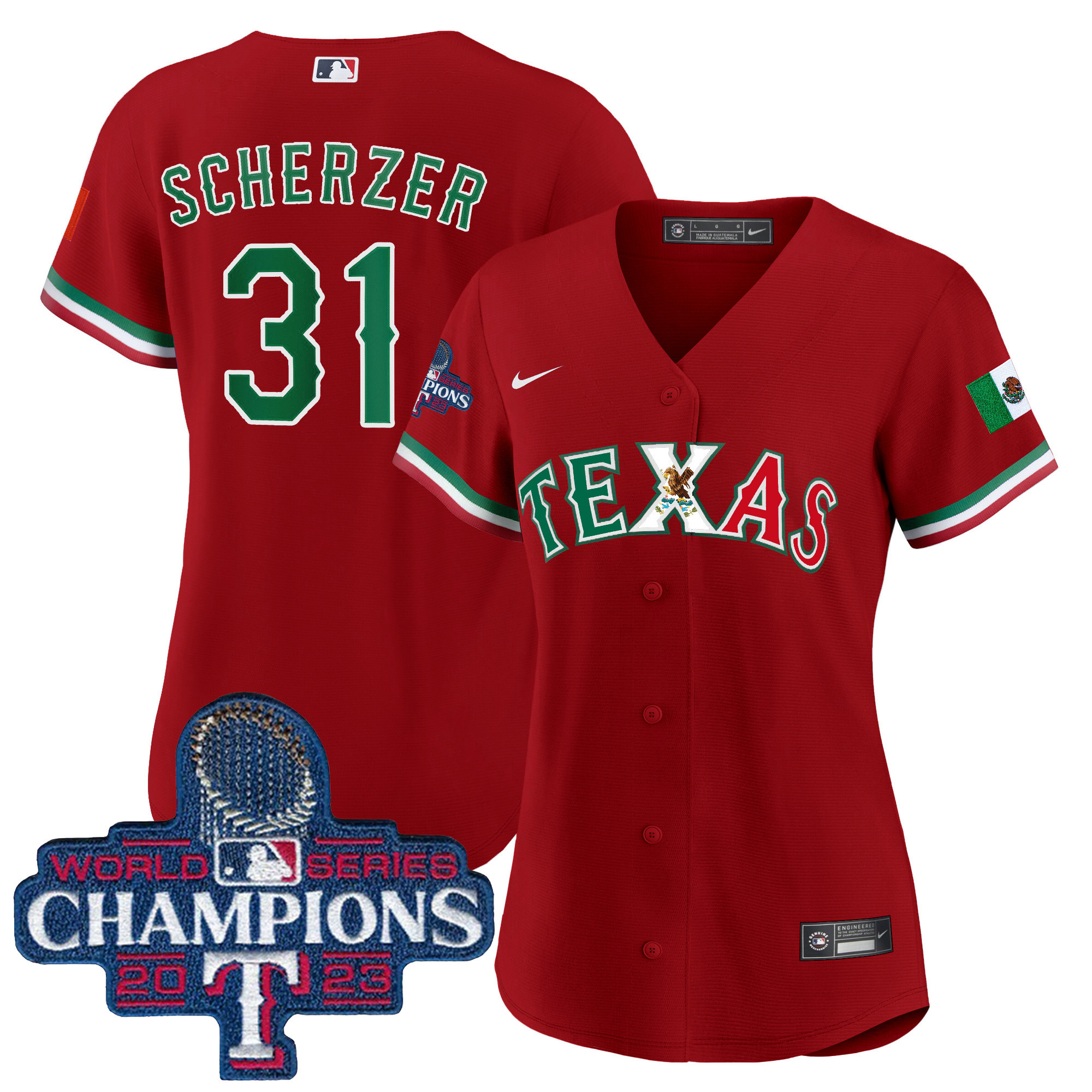 Max Scherzer Women's Texas Rangers Mexico 2023 World Series Champions Baseball Red Jersey - All Stitched