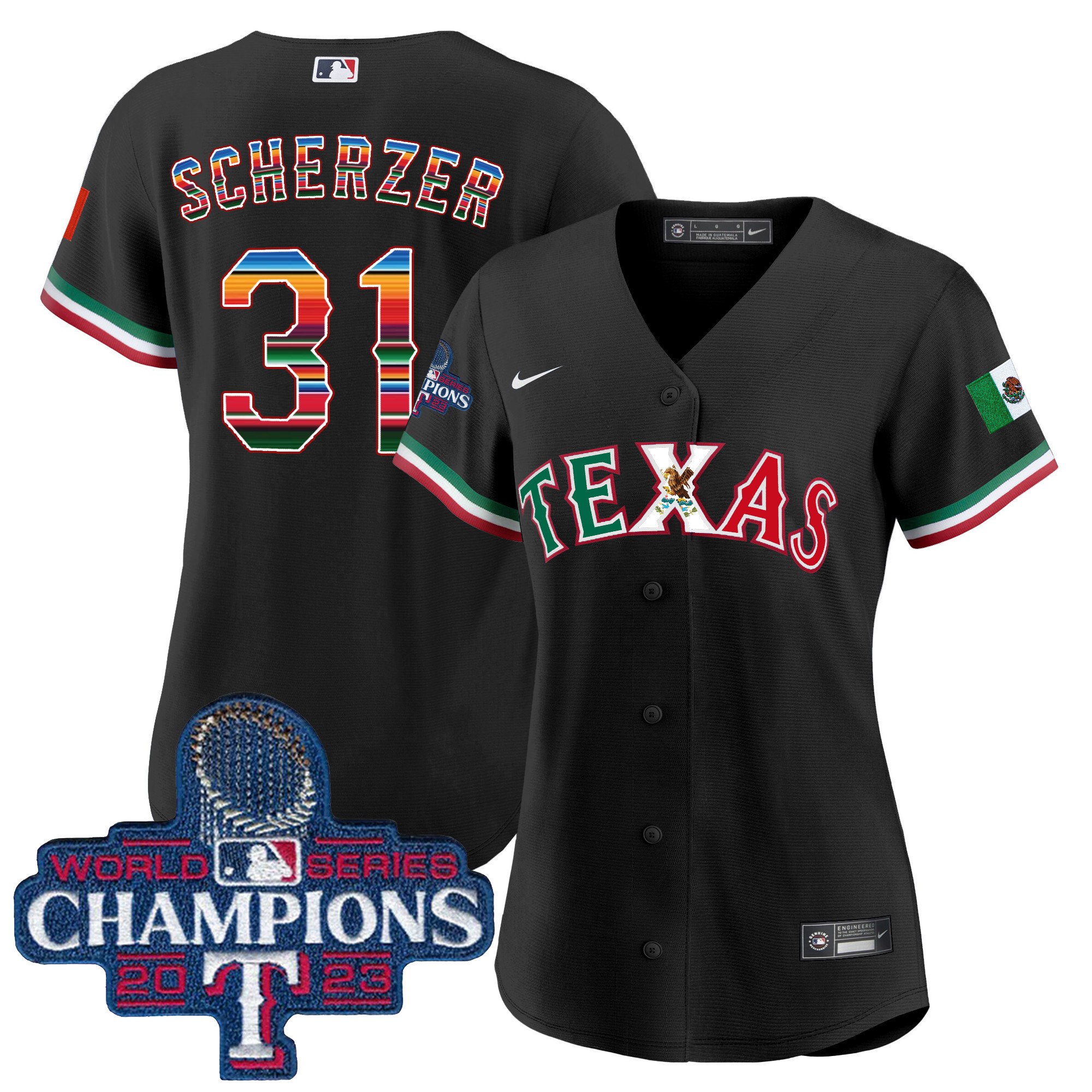 Max Scherzer Women's Texas Rangers Mexico 2023 World Series Champions Baseball V2 Black Jersey - All Stitched