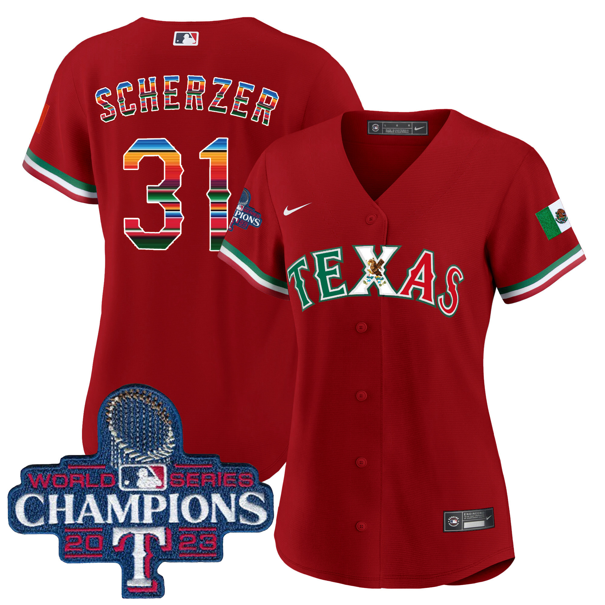 Max Scherzer Women's Texas Rangers Mexico 2023 World Series Champions Baseball V2 Red Jersey - All Stitched