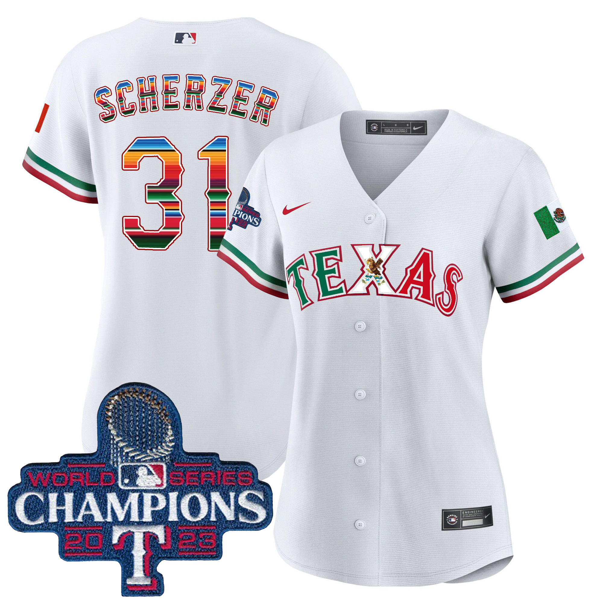 Max Scherzer Women's Texas Rangers Mexico 2023 World Series Champions Baseball V2 White Jersey - All Stitched