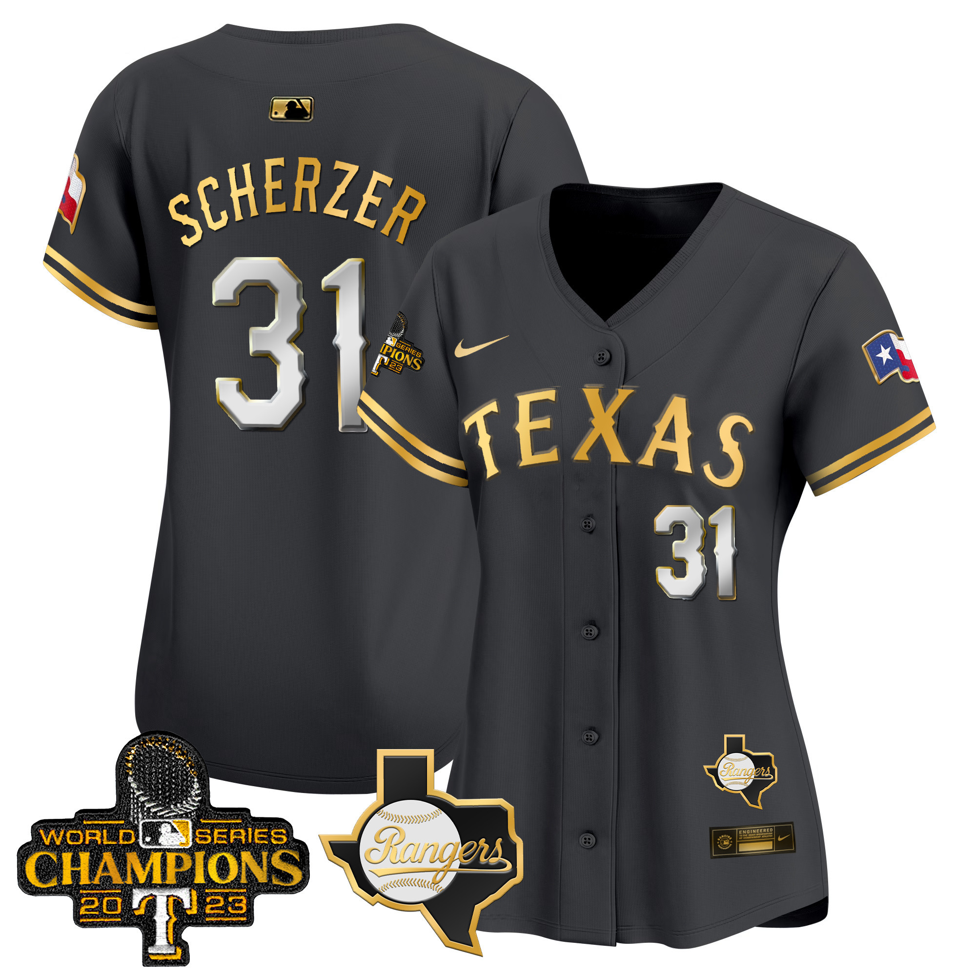 Max Scherzer Women's Texas Rangers World Series Champions Vapor Premier Limited V2 Black Gold Jersey - All Stitched