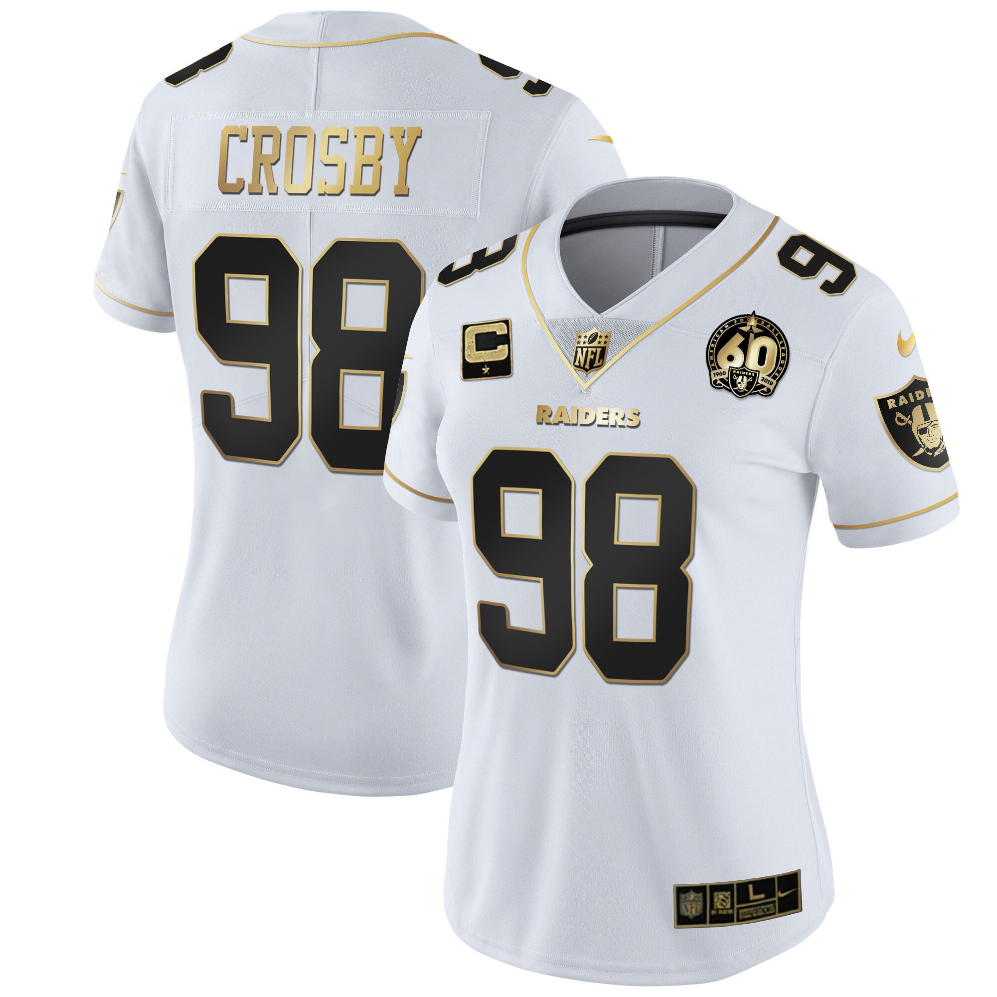 Maxx Crosby Women's Las Vegas Raiders 60th Season Patch Gold & Split White Gold Jersey - All Stitched 