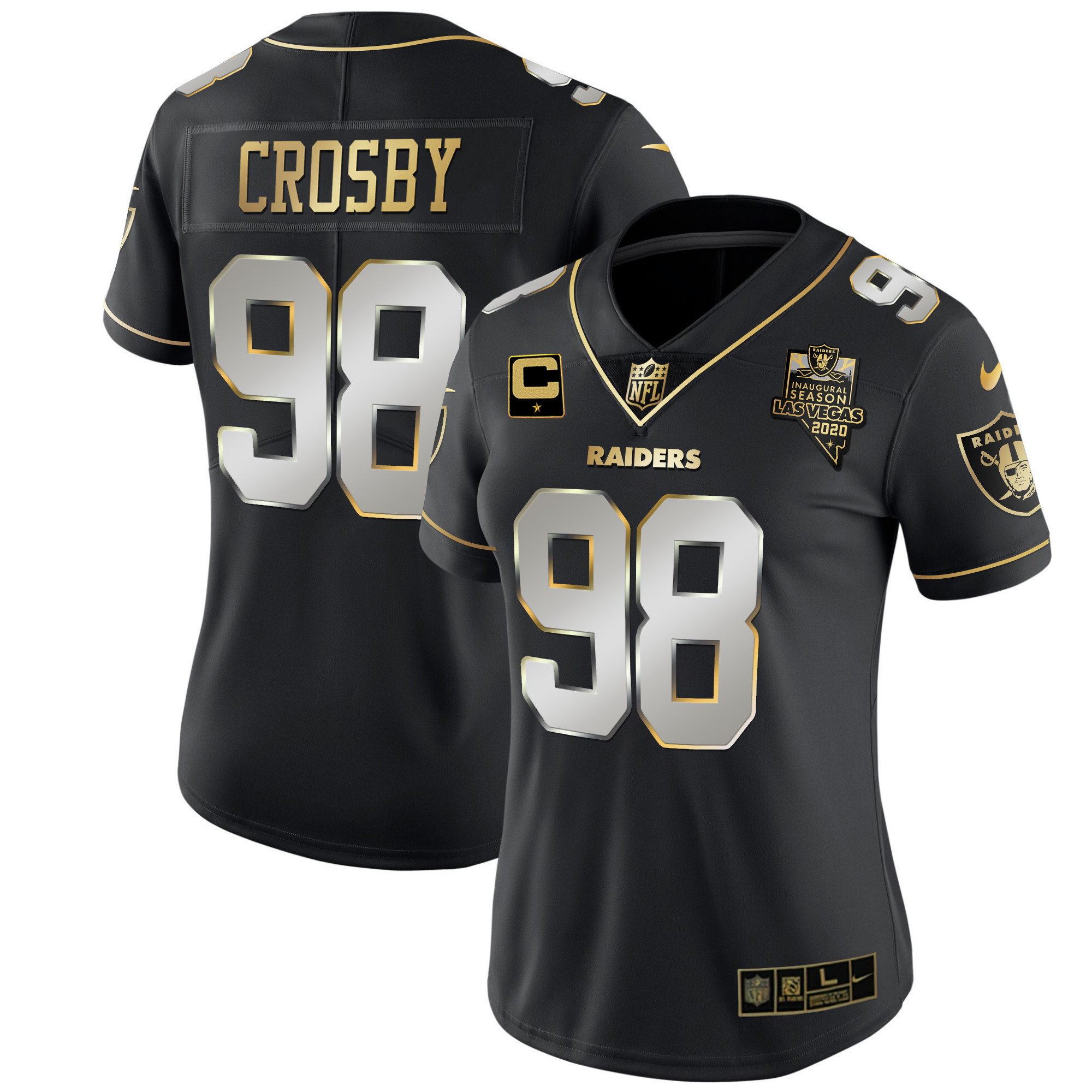Maxx Crosby Women's Las Vegas Raiders Inaugural Season Patch Gold & Split Black Limited Jersey - All Stitched 