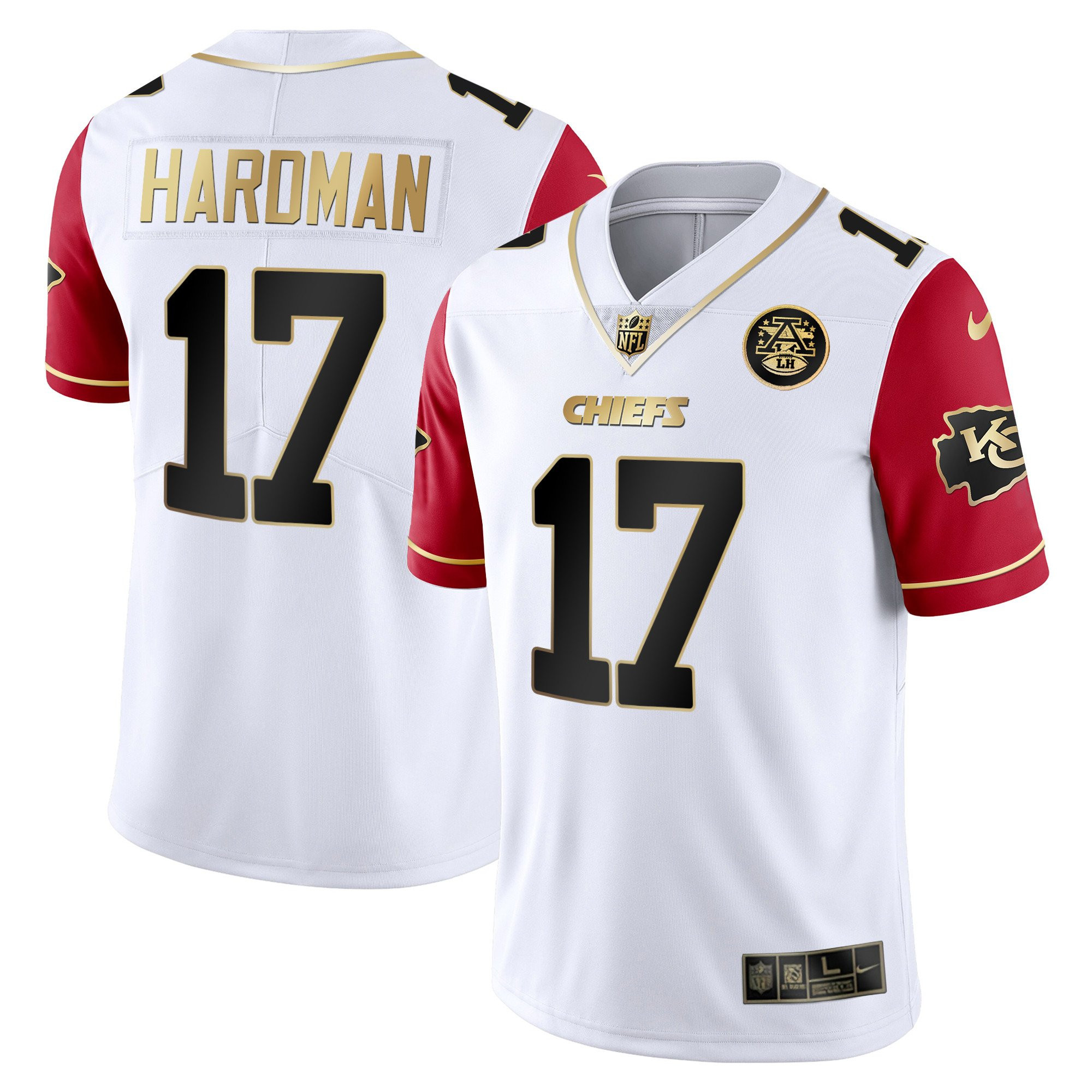 Mecole Hardman Men's Kansas City Chiefs White Gold & Black Gold Red Sleeves Jersey - All Stitched 