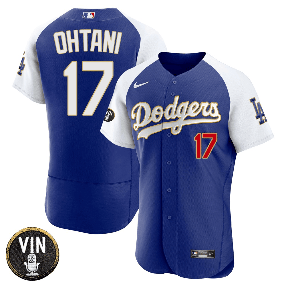 Mens Shohei Ohtani Los Angeles Dodgers Vin Scully Patch Flex Base Royal Alternate  Jersey - All Stitched