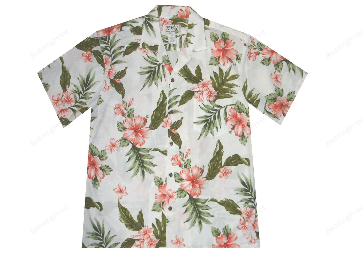 Men’S Button Down Hawaiian Shirt With Coral Plumeria And Hibiscus