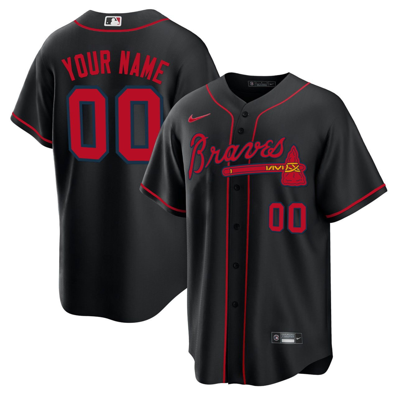 Men Atlanta Braves Black Red Cool Base Custom Red Navy Jersey - All Stitched