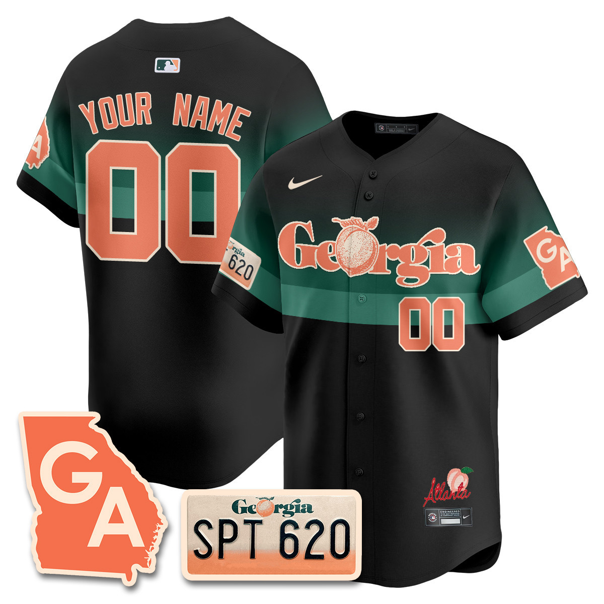 Men Atlanta Braves Peach Plates - Georgia Peaches Vapor Premier Limited Custom Black Jersey - Printed