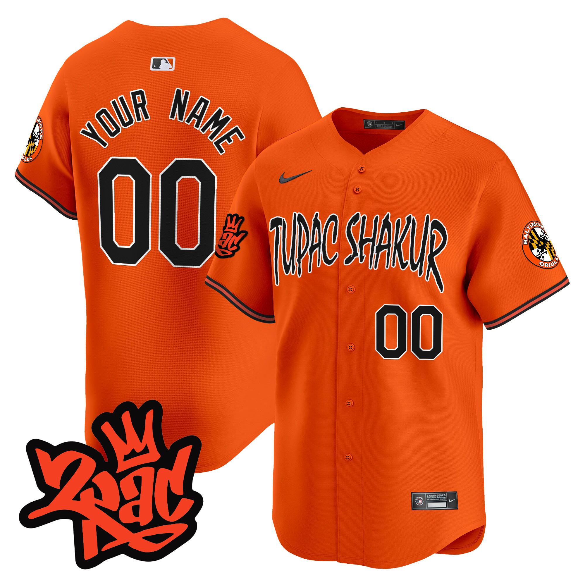 Men Baltimore Orioles Tupac Shakur Vapor Premier Limited Custom Orange Jersey - All Stitched